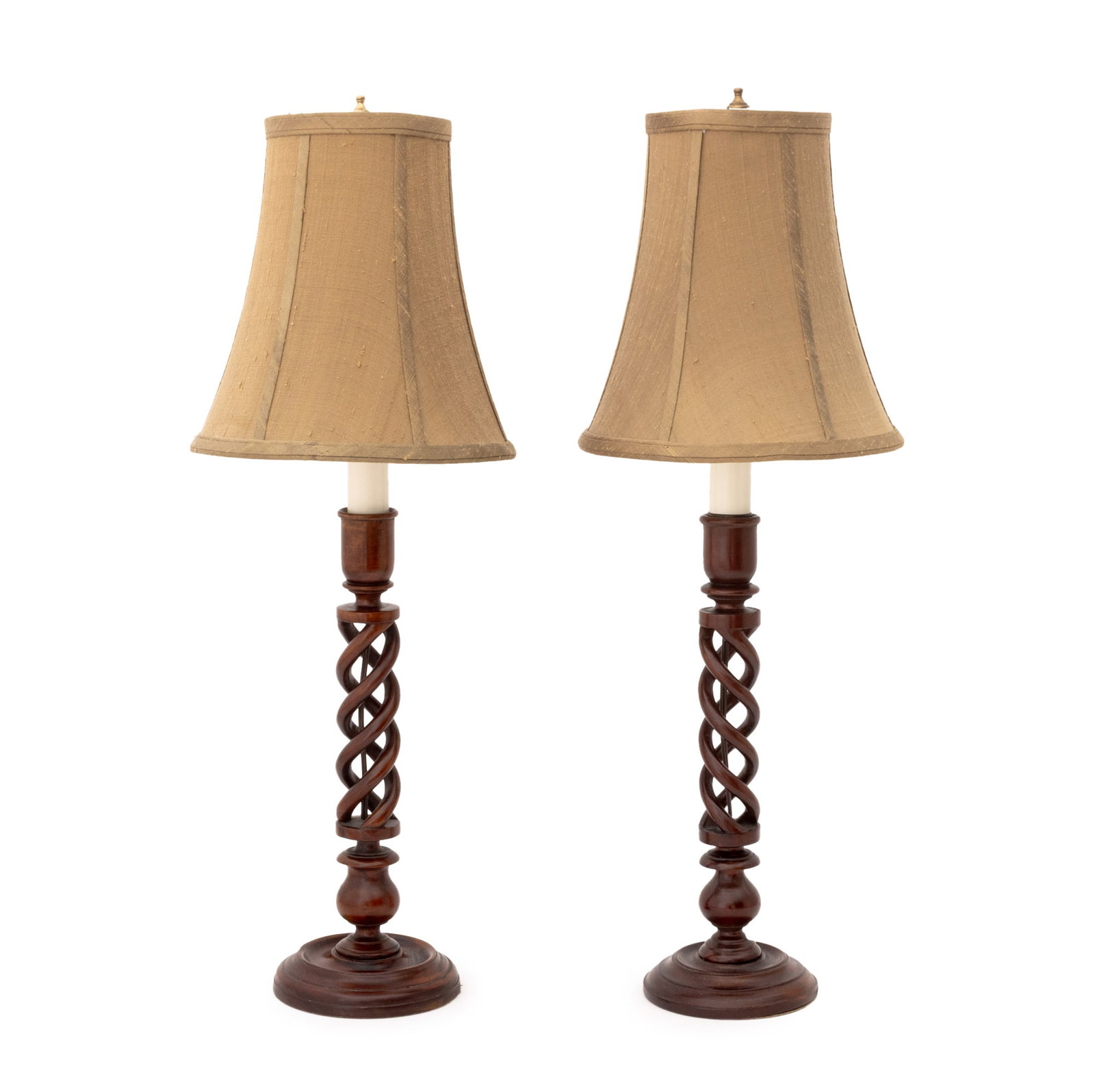 Jacobean Style Mahogany Barley Twist Lamps, Pair: Pair of Jacobean Style Carved Mahogany Double Barley Twist Table Lamps, with deep hex bell form shades on circular bases. Overall: 26.25" H x 9.5" Diameter. Provenance: From a Tarrytown, New York Esta