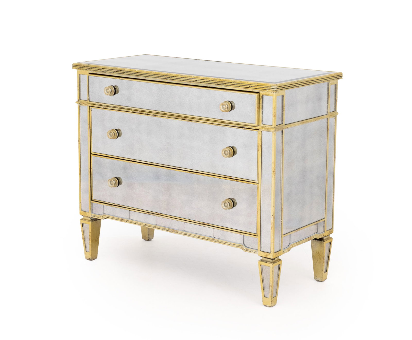 Horchow "Amelie" Mirrored & Silvered Wood Dresser: Horchow "Amelie" Mirrored and Silvered Wood Dresser, gilt decorated trim, four drawers, on four tapered legs. 35" H x 42.25" W x 19" D. Provenance: From an Upper West Side Townhouse. Keywords: Contemp