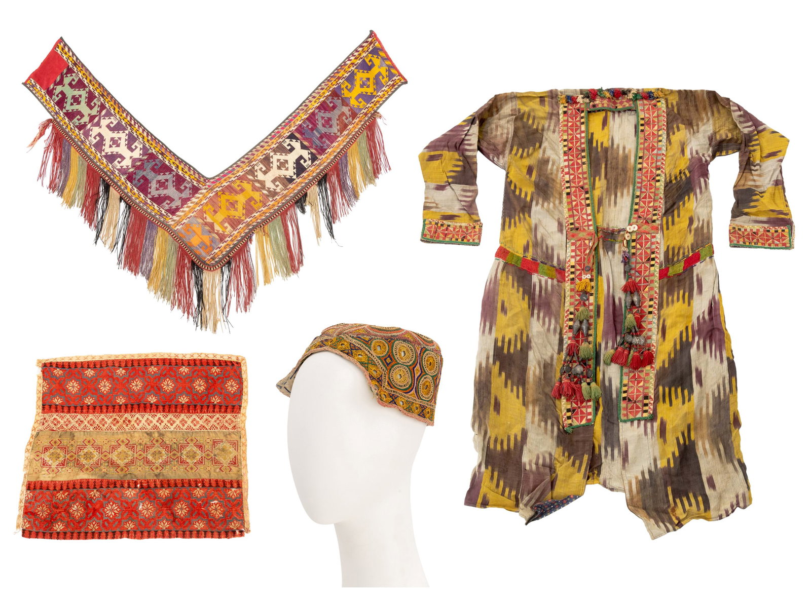 Central Asian Fashion and Textile Articles, 4: Collection of Four Central Asian Fashion and Textile Articles, comprising: Uzbek ikat robe with geometric woven wool trim and mother of pearl and carved wood bead belt, Uzbek woven segusha, Tajik silk