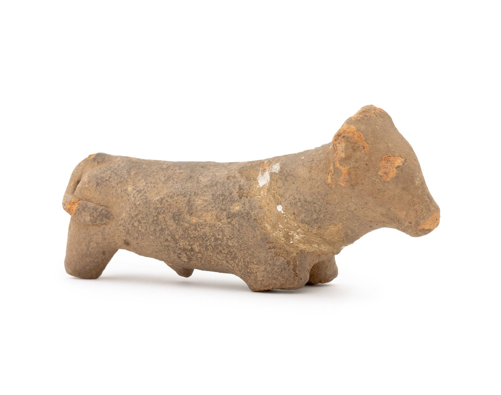 Indian Nandi Sacred Bull Terracotta Sculpture: Indian Nandi Sacred Bull Terracotta Sculpture. 4.25" H x 7.25" W x 2" D. Provenance: From an Upper West Side Estate. Keywords: South Asian Art, Ancient Art, Statue, Figurine, Vahana, Cow, Animalier, H