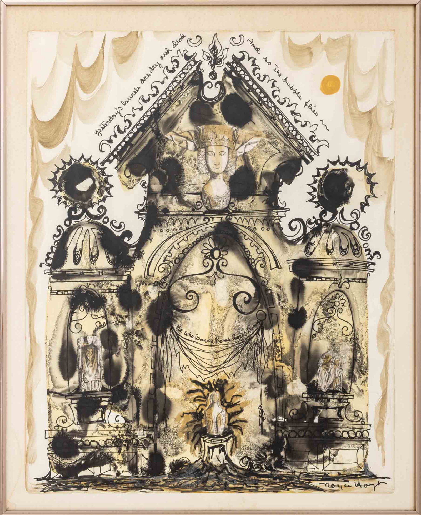 Noyce Hoyt "Yesterday's Laurels are Dry and Dead": Noyce Hoyt (American, XX), "Yesterday's Laurels are Dry and Dead / And so the Bubble Flies / He Who Leaves Rome Loses Rome", Mixed Media on Paper with Collage Elements, signed in ink lower right, silv