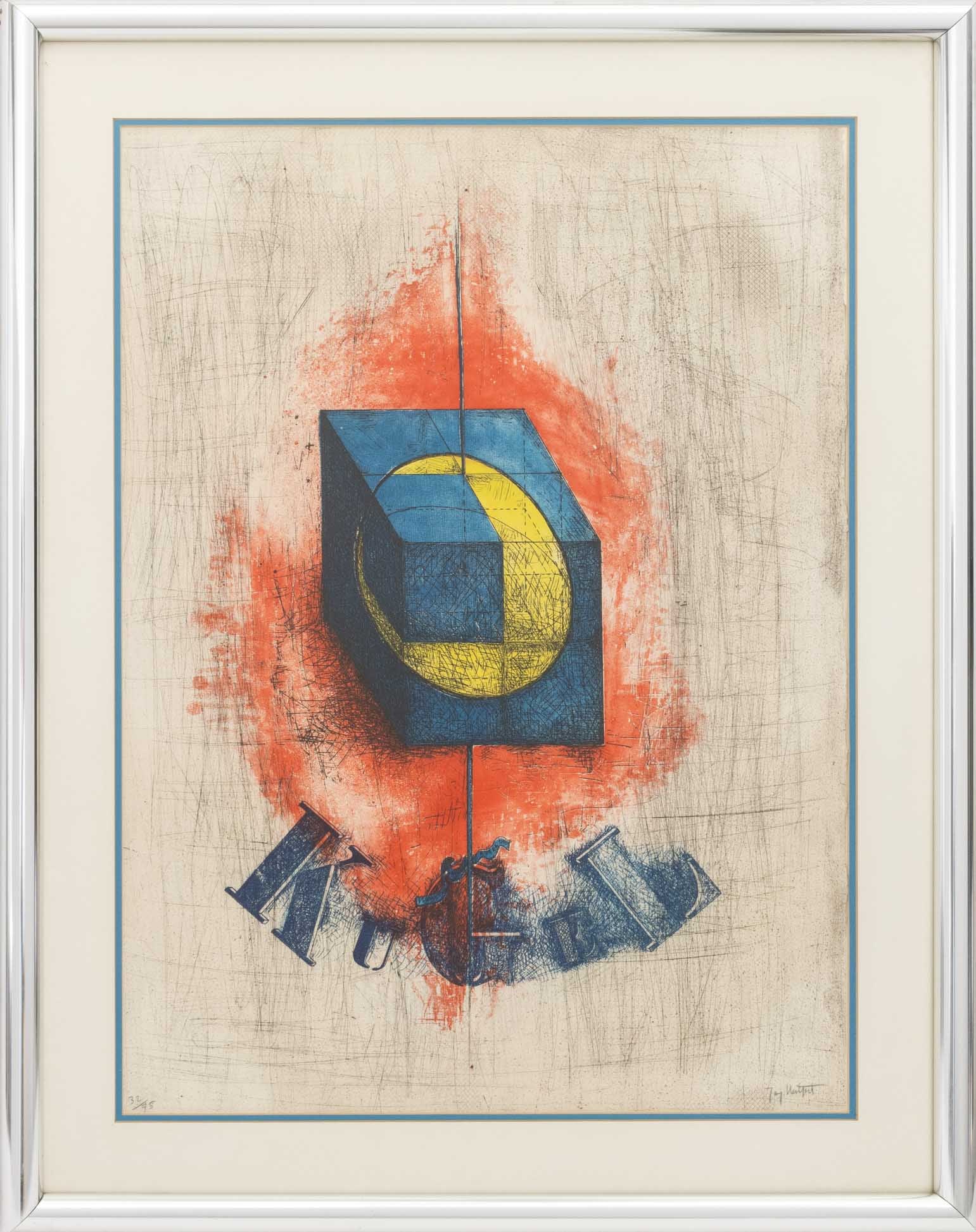 Illegibly Signed "Kugel" Aquatint: 20th Century School, "Kugel", Aquatint in Colors, illegibly signed in pencil lower right, numbered "32/45" lower left, silver-tone metal frame. Image: 29.25" H x 21.75" W; 37" H x 29.25" W x 1.25" D.