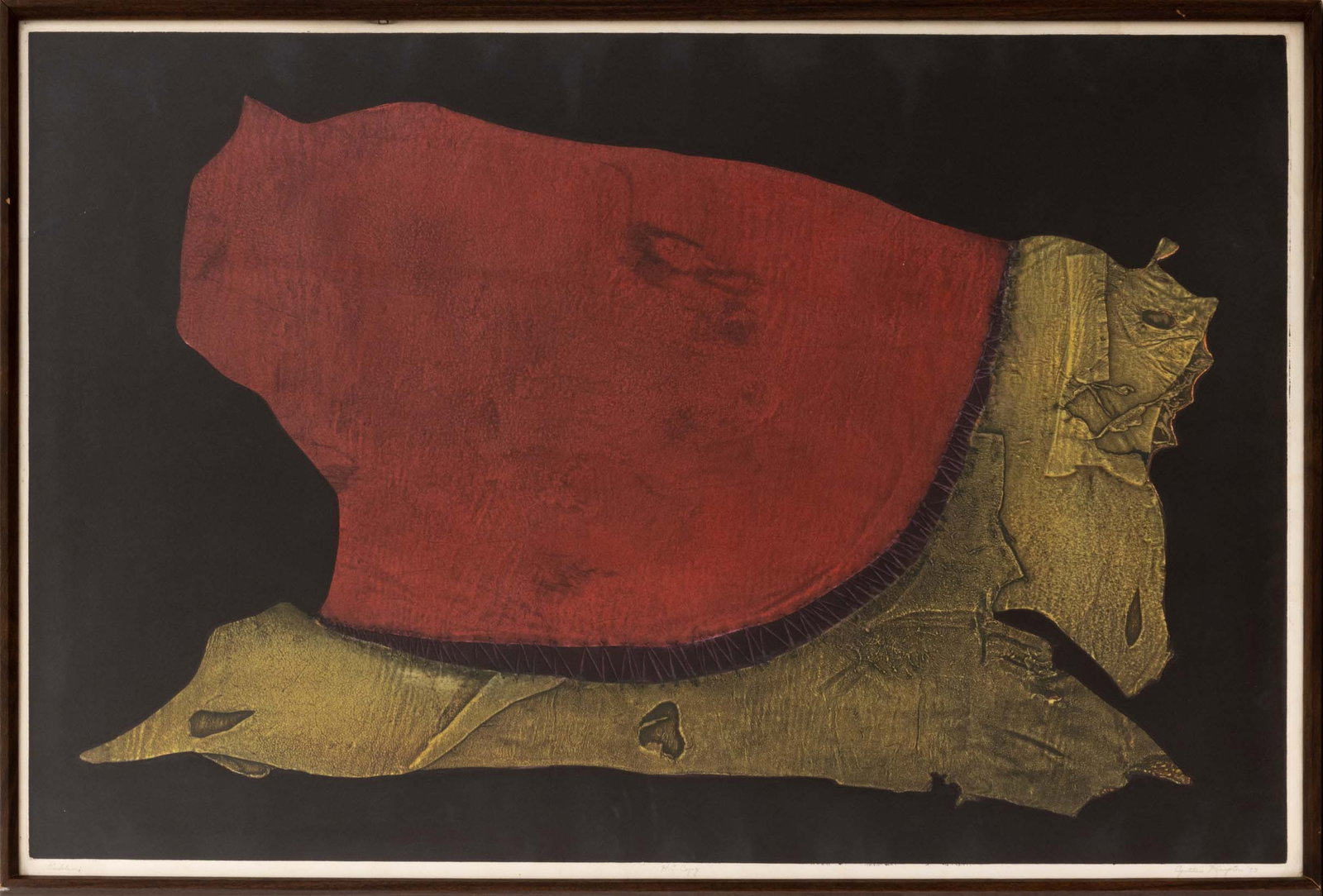 Cynthia Knapton "Emblem" Aquatint, 1973: Cynthia Knapton (American, 1931-2023), "Emblem", Aquatint in Colors, 1973, signed in pencil and dated lower right, titled lower left, marked hors de commerce edition "H.C. Copy", wood frame. Image: