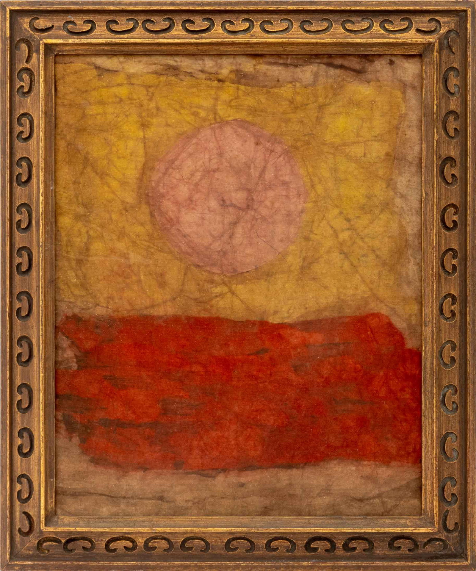 Rothko Style Rising Sun Batik Tapestry: 20th Century School, Rising Sun, Batik Tapestry, in the style of Mark Rothko (American, 1903-1970), pink sun and red landscape on yellow ground, giltwood frame. Image: 19.5" H x 15.5" W; frame: