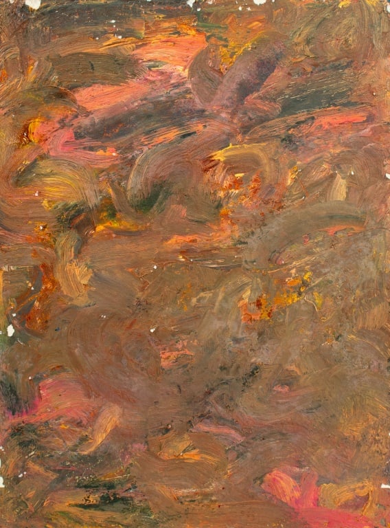 Andy Miller Abstract Composition Oil on Canvas: Andy Miller (American, b. 1950), Abstract Composition, Oil on Canvas, impasto details, warm browns with pink and yellow accents, with artist's studio stamp verso, apparently unsigned, unframed.