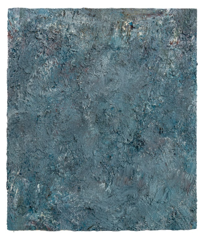 Andy Miller Abstract Composition Oil on Canvas: Andy Miller (American, b. 1950), Abstract Composition, Oil on Canvas, impasto details, in gray and blue with white highlights, unsigned, artist's studio stamp verso, unframed. 28" H x 24" W.