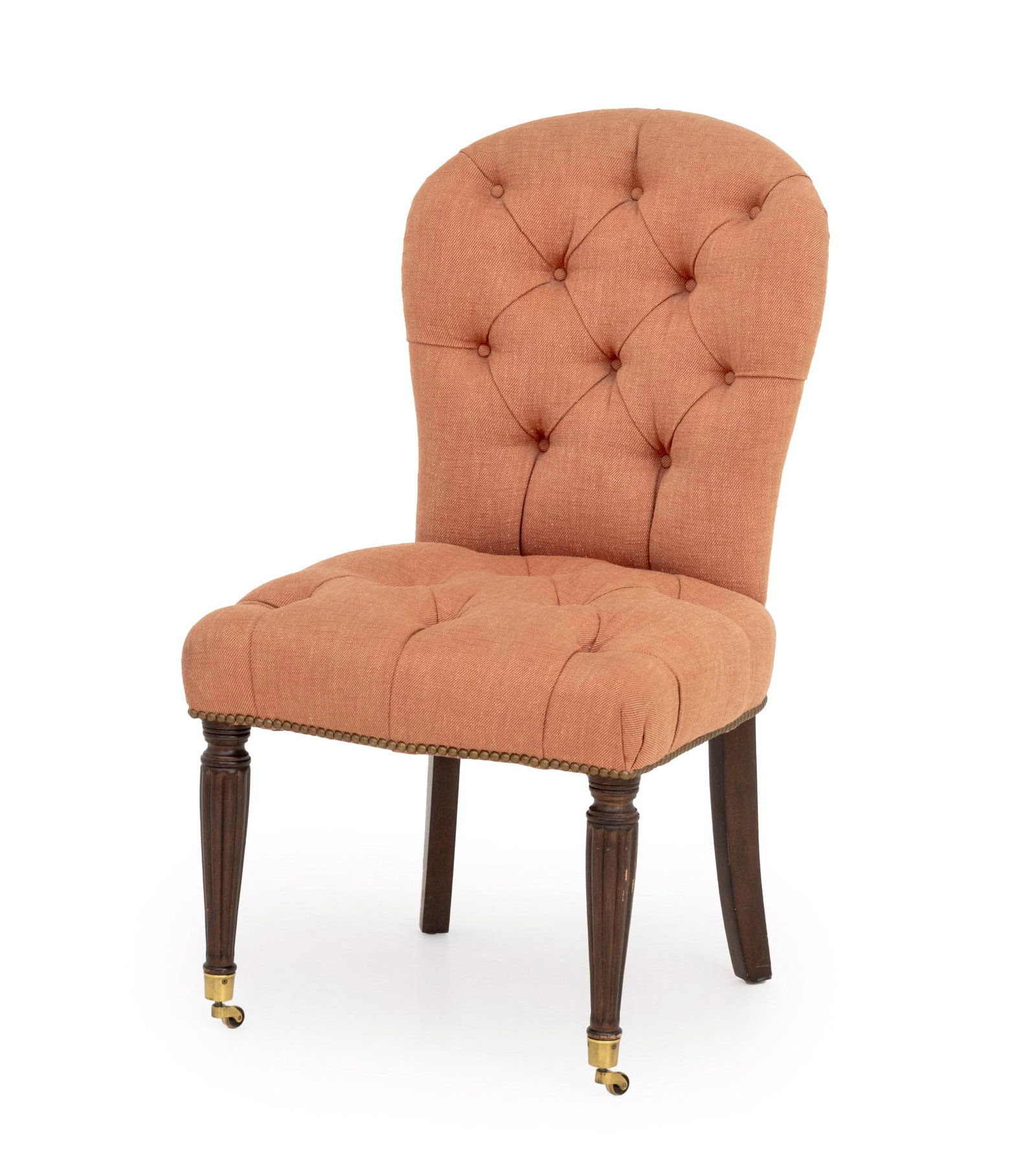 Edward Ferrell Button-Tufted Slipper Chair: Edward Ferrell Victorian Style Button-Tufted Red Fabric Upholstered Slipper Chair, with riveted brass nailhead details above fluted mahogany legs on casters, "Edward Ferrell Ltd." label to underside.