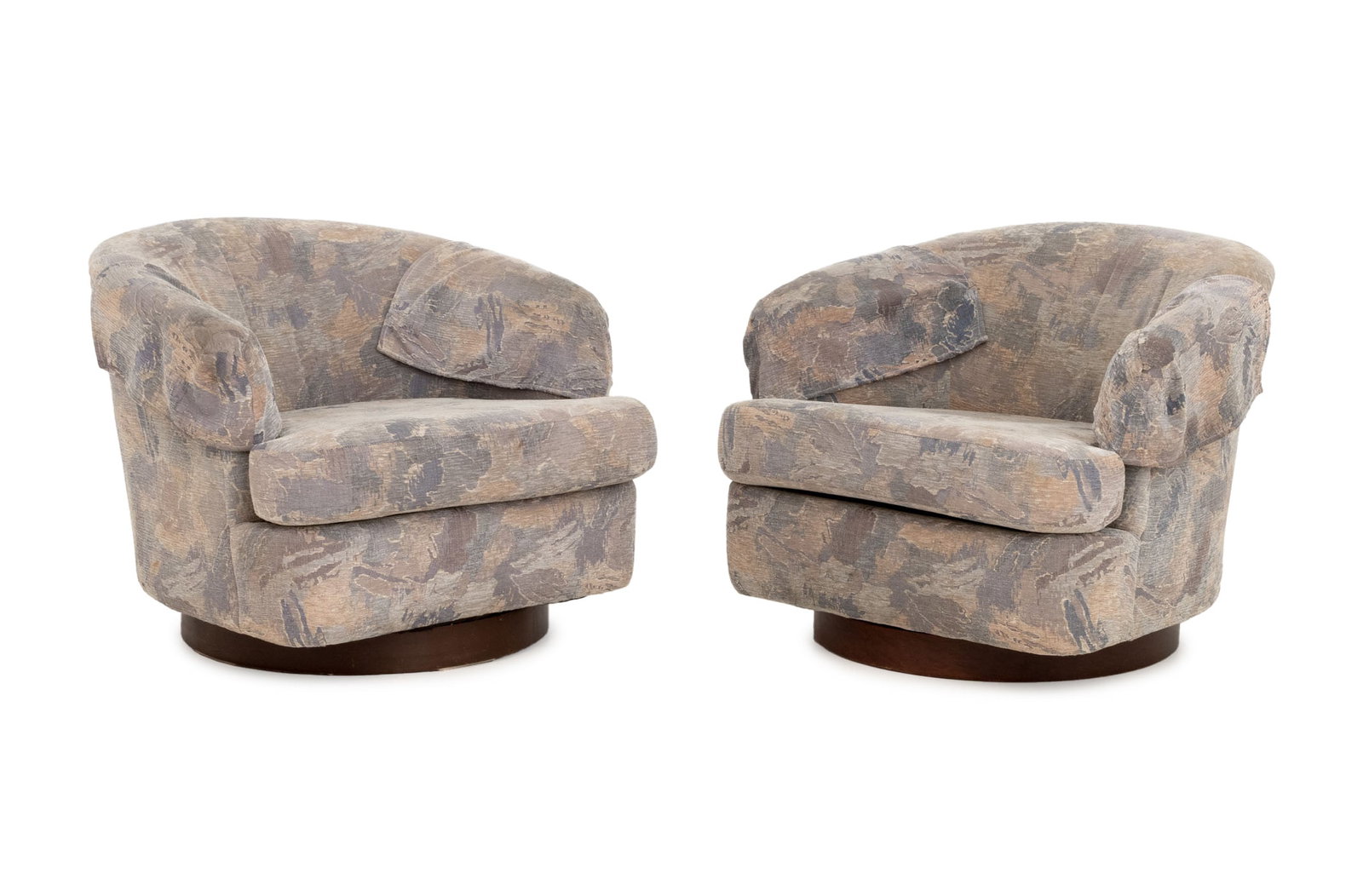 Milo Baughman Style Barrel Swivel Armchairs, Pair: Pair of Milo Baughman Style Barrel Swivel Arm Chairs, with purple hue abstract upholstery and matching armrest covers. 26.75" H x 29" W x 36" D; seat: 16.25" H. Provenance: From an East 57th Street