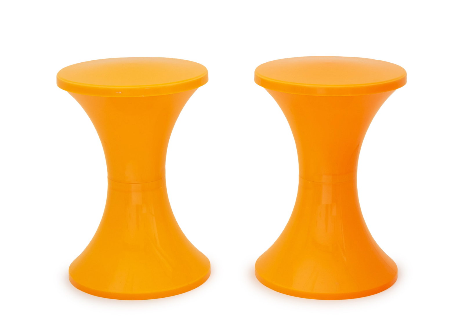 Henry Massonnet "Tam Tam" Stools, 2: Henry Massonnet (French, 1922-2005) Two "Tam Tam" Stools, in yellow and orange polypropylene. Each approx.: 17" H x 12" Diameter. Provenance: From a 35 Sutton Place Estate. Keywords: Modern