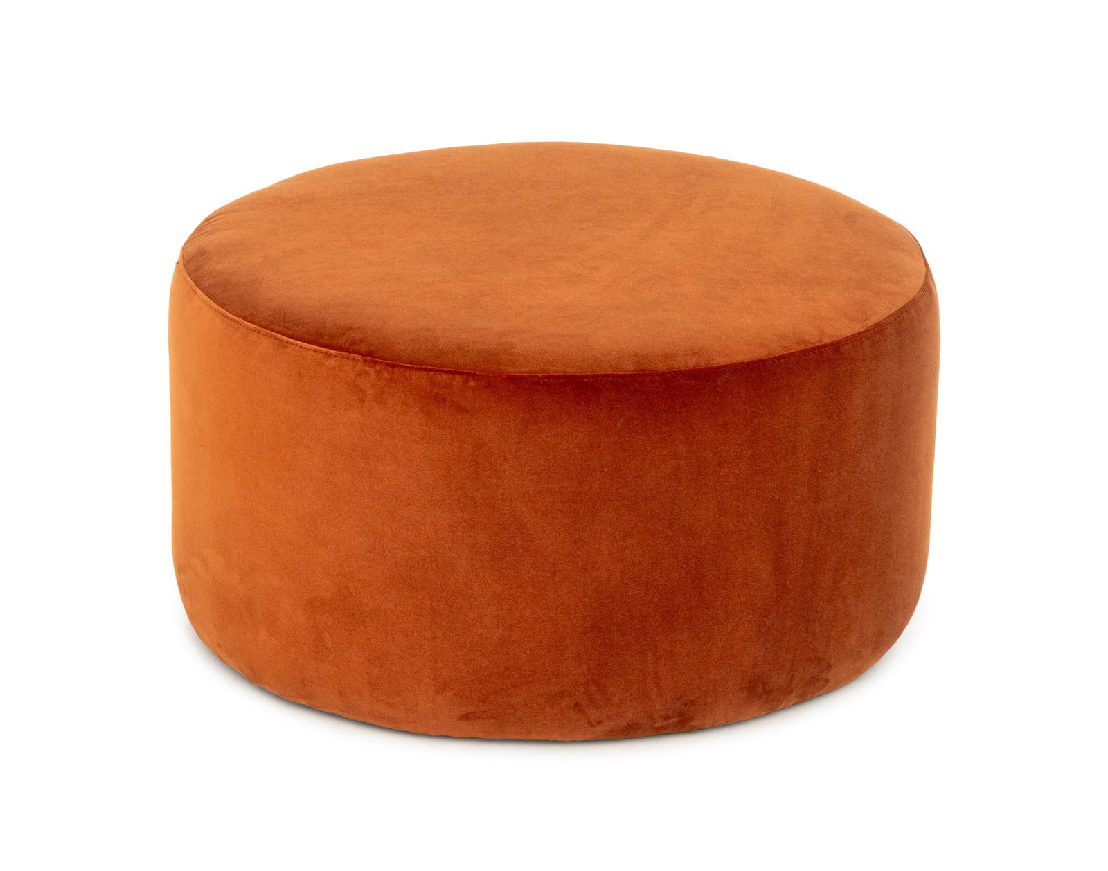 Modern Burnt Orange Velvet Upholstered Ottoman: Modern Burnt Orange Velvet Upholstered Circular Ottoman. 12.5" H x 23.25" Diameter. Provenance: From a New York City Collection. Keywords: Modern Furniture, Vintage Furniture, Seating, Foot stool,
