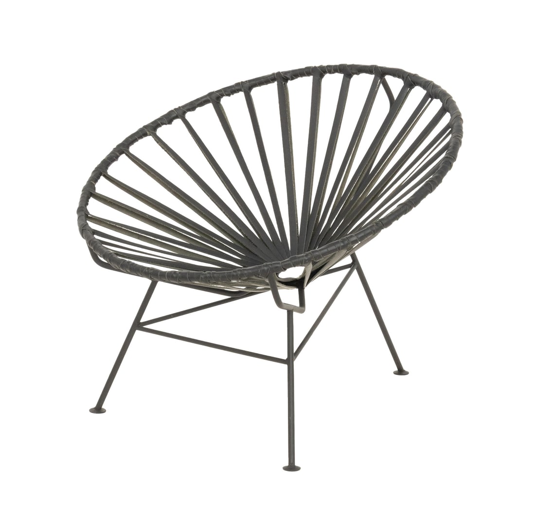 CB2 Sayulita Black Leather Circular Lounge Chair: CB2 Sayulita Black Leather Circular Lounge Chair, on black patinated wrought iron tripod base, with label. 26.5" H x 31" W x 36" D; seat: Provenance: From a New York City Collection. Keywords: Modern