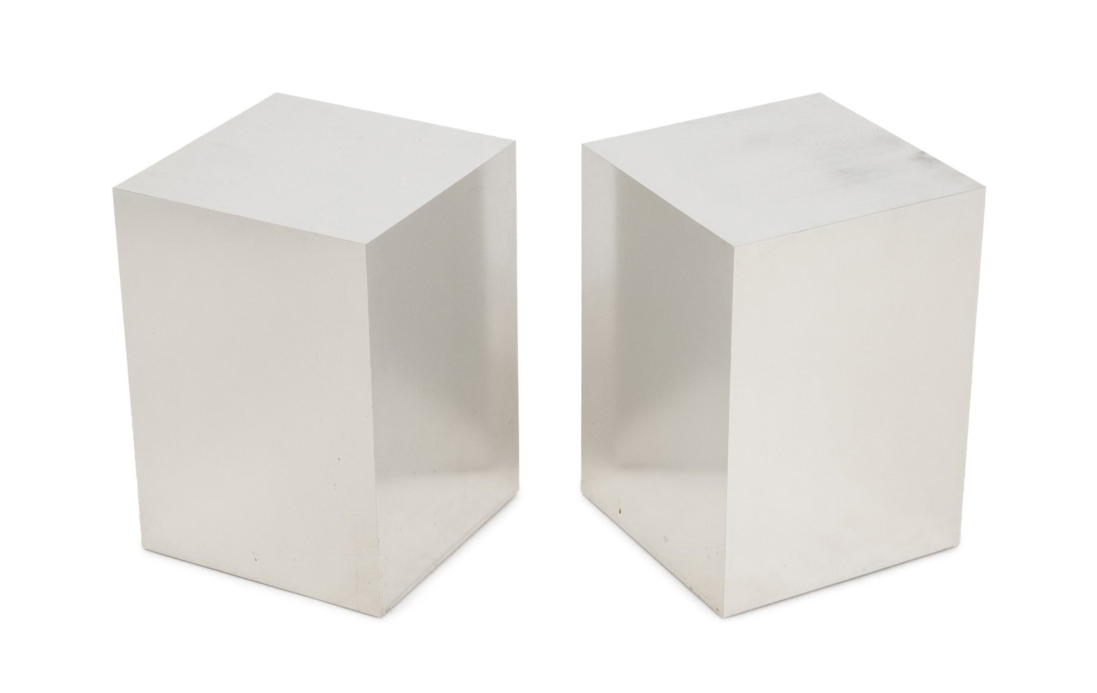 Paul Evans Style Polished Aluminum Side Tables, 2: Pair of Paul Evans Style Polished Aluminum and Wood Side Tables. 24" H x 17.25" W x 17.25" D. Provenance: From a New York City Collection. Keywords: Modern Furniture, End tables, Pedestals, Display,
