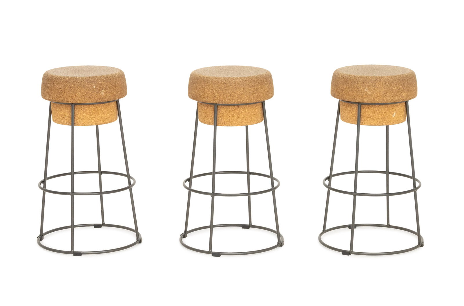 Radice & Orlandini x Domatalia "Bouchon" Stools, 3: Radice and Orlandini for Domitalia Set of Three "Bouchon" Bar Stools, each circular cork seat mounted on gray patinated steel frame, marked to underside. 25.5" H x 16" Diameter. Provenance: From a