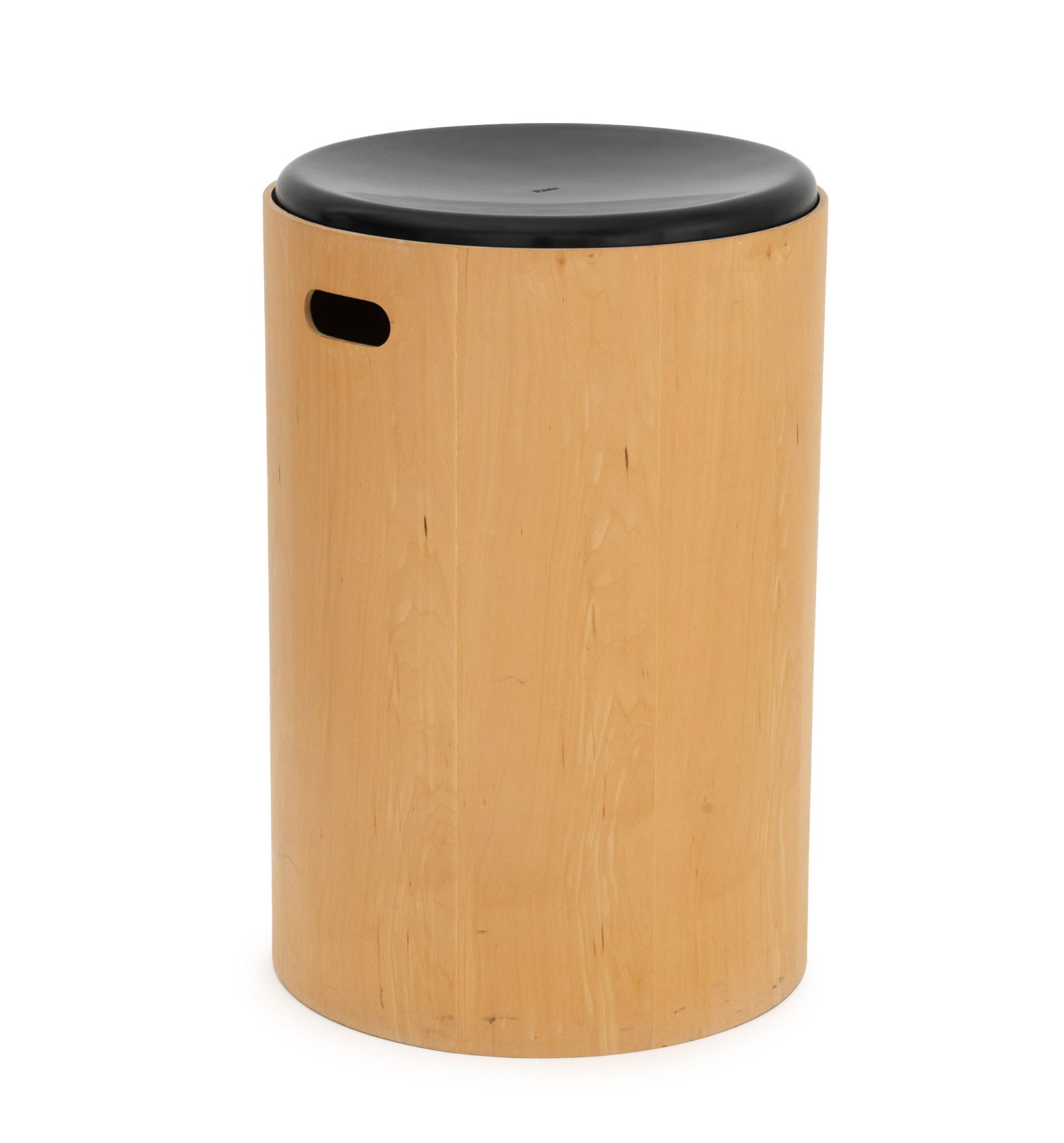Pablo Designs Storage Ottoman: Pablo Designs Storage Ottoman, the black vinyl top marked "Pablo" to seat and "Tom Tom" to underside, fitted in a cylindrical plywood base. 21" H x 14" Diameter. Provenance: From a 35 Sutton Place