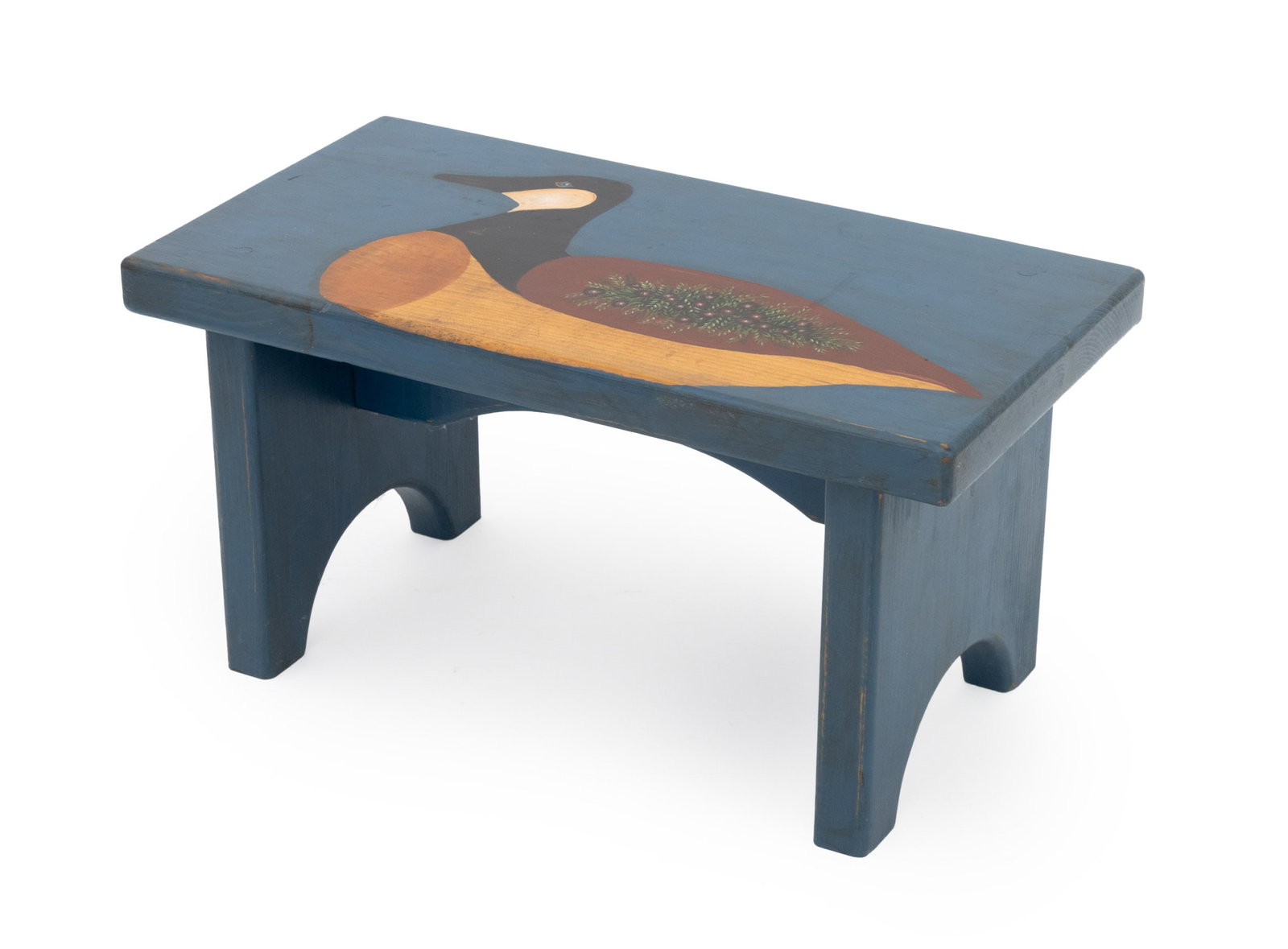 American Goose Motif Painted Pine Footstool: American Folk Art Goose and Floral Motifs Polychrome Painted Pine Footstool, signed and dated "Sling / '99" to underside. 9" H x 18" W x 9.5" D. Provenance: From a Roxbury, Connecticut Collection.