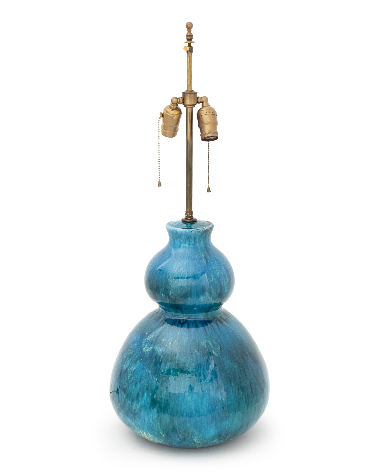 Modern Blue Glazed Pottery Double Gourd Lamp: Modern Blue Glazed Pottery Double Gourd Lamp, with double light socket. 31" H x 12" Diameter. Provenance: From an Upper West Side Estate. Keywords: Christopher Spitzmiller Style, Lighting, Art