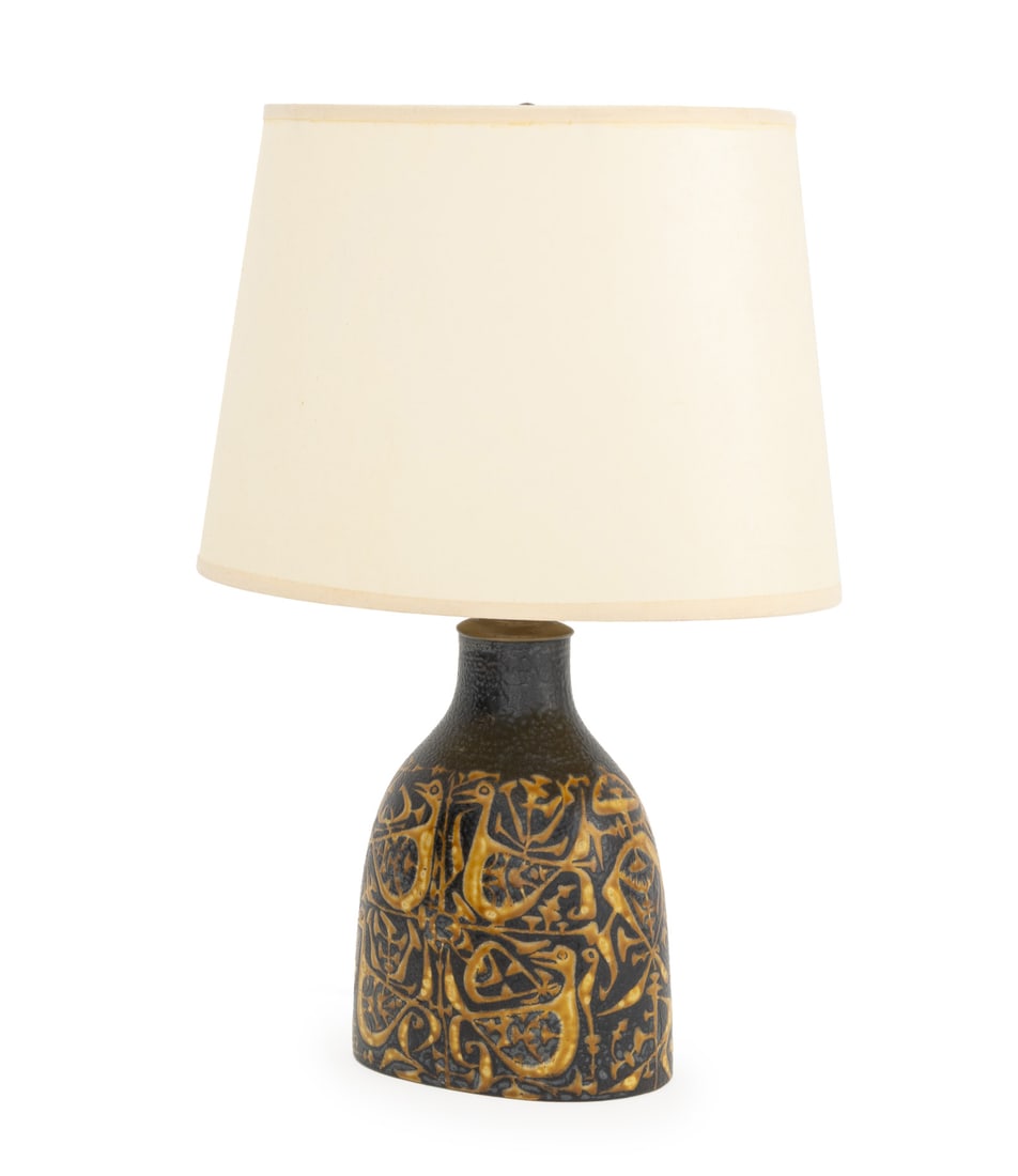 Nils Thorsson Faience Vase Mounted as a Lamp: Nils Thorsson (Swedish, 1875-1975) "Baca" Faience Vase Mounted as a Table Lamp, partial mark to underside. Vase only: 8.25" H x 6.25" W x 4.25" D; overall: 17.25" H x 12" W x 8" D. Provenance: The