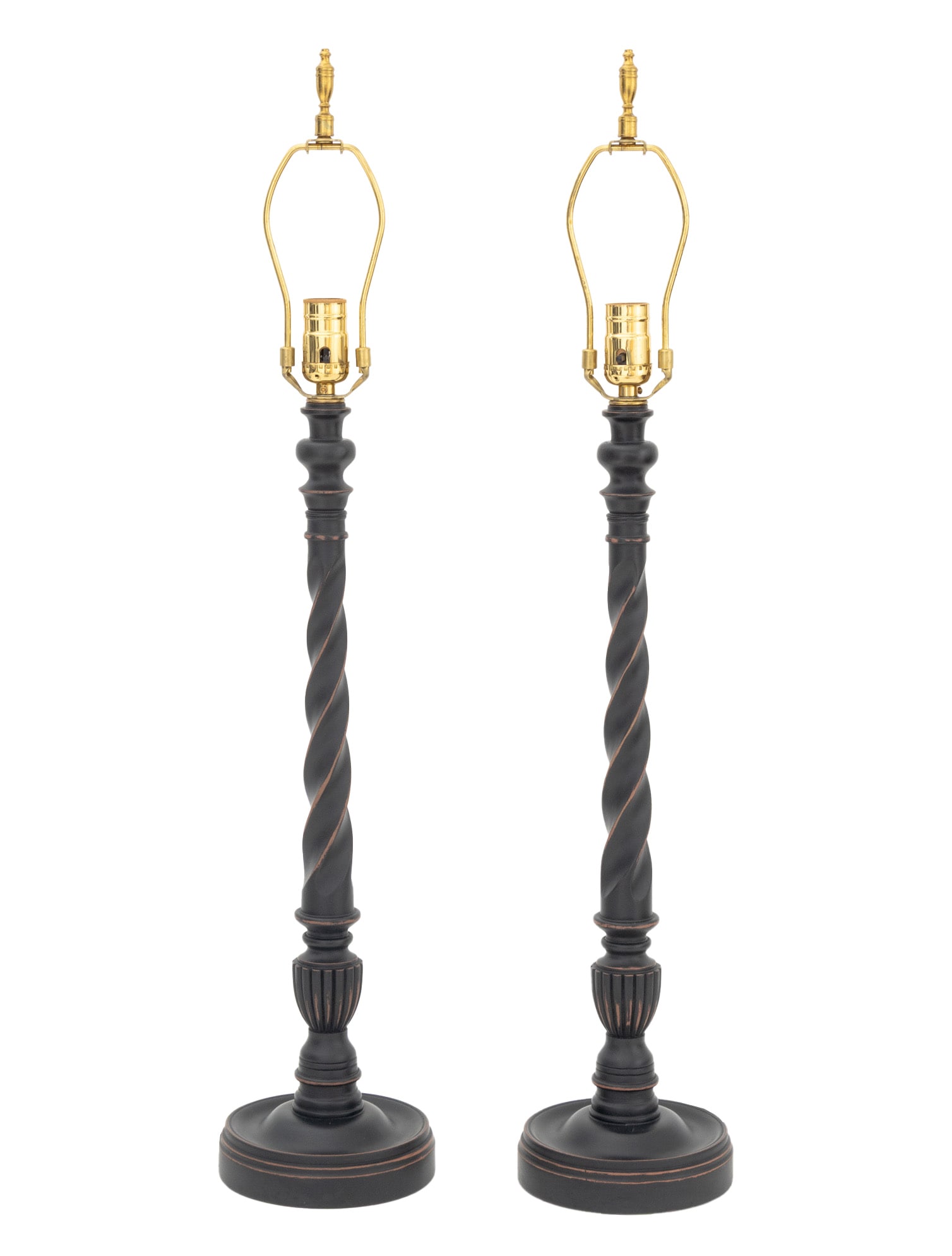 David Fuller Design Ebonized Candlestick Lamps, 2: Pair of David Fuller Design Ebonized Composition Candlestick Lamps, each with spiral column body and label. 32" H x 6" Diameter. Provenance: From a New York City Collection. Lighting, Designer,