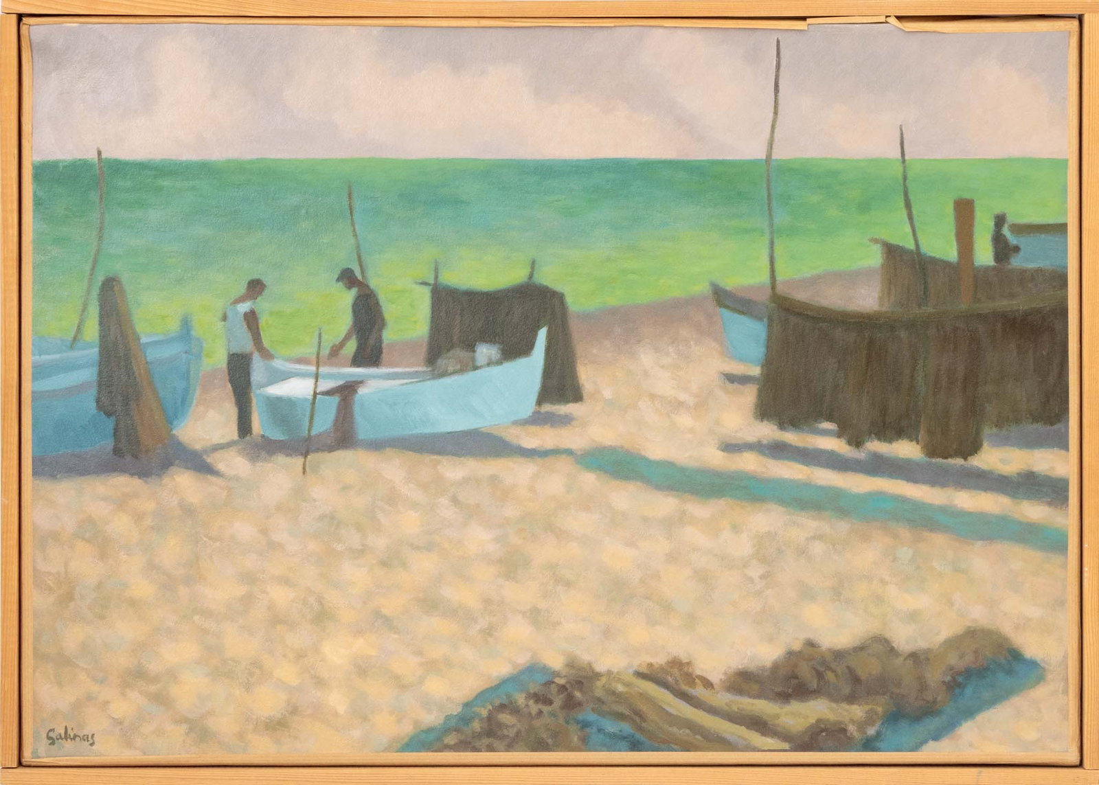 Marcel C. Laurent Salinas "Pecheurs sur La Plage": Marcel Charles Laurent Salinas (Egyptian/French, 1913-2010), "Pecheurs sur La Plage (Saint-Cyprien)" [Fishermen on the Beach], Oil on Canvas, signed lower left, signed and titled verso, wood frame.