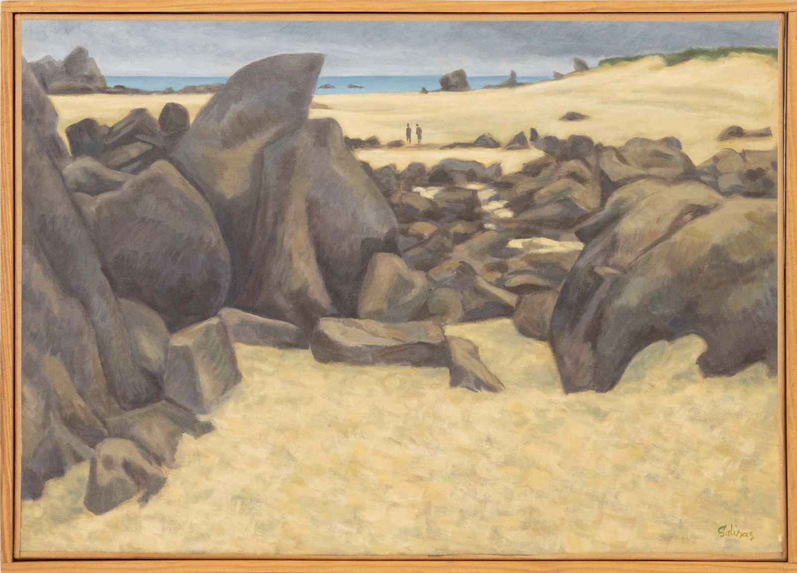 Marcel C. Laurent Salinas "Brignogan: Rochers" Oil: Marcel Charles Laurent Salinas (Egyptian/French, 1913-2010), "Brignogan: Rochers" [Rocks], Oil on Canvas, signed lower right, signed and titled verso, wood frame. Image: 18" H x 25.5" W; frame: 19" H