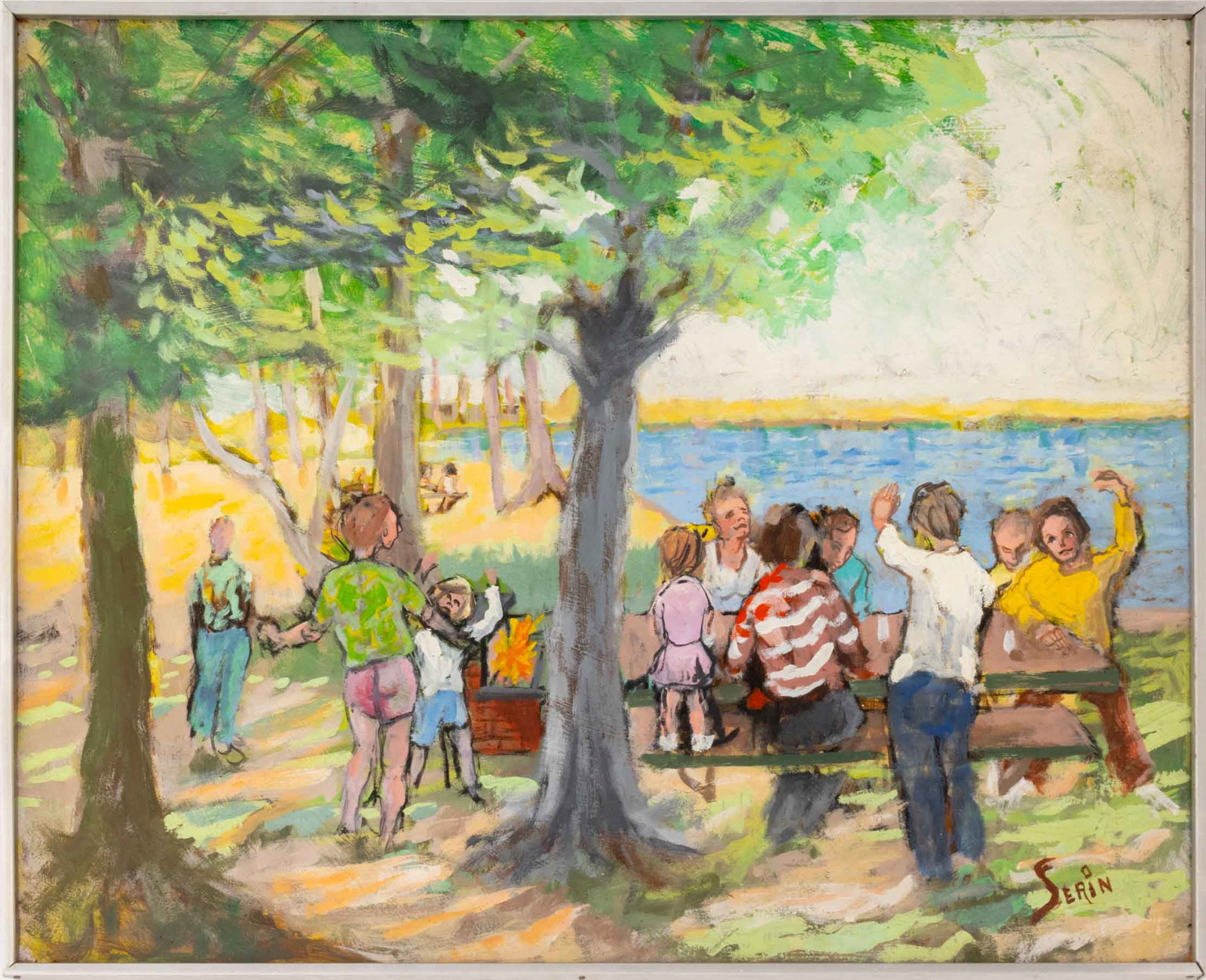 Serin Picnic Landscape Scene Oil on Panel: Serin (XX), Picnic Landscape Scene, Oil on Panel, signed lower right, silver-tone metal frame. Image: 29" H x 36" W; frame: 29.75" H x 36.75" W x 1.75" D. Provenance: From a New York City Estate.