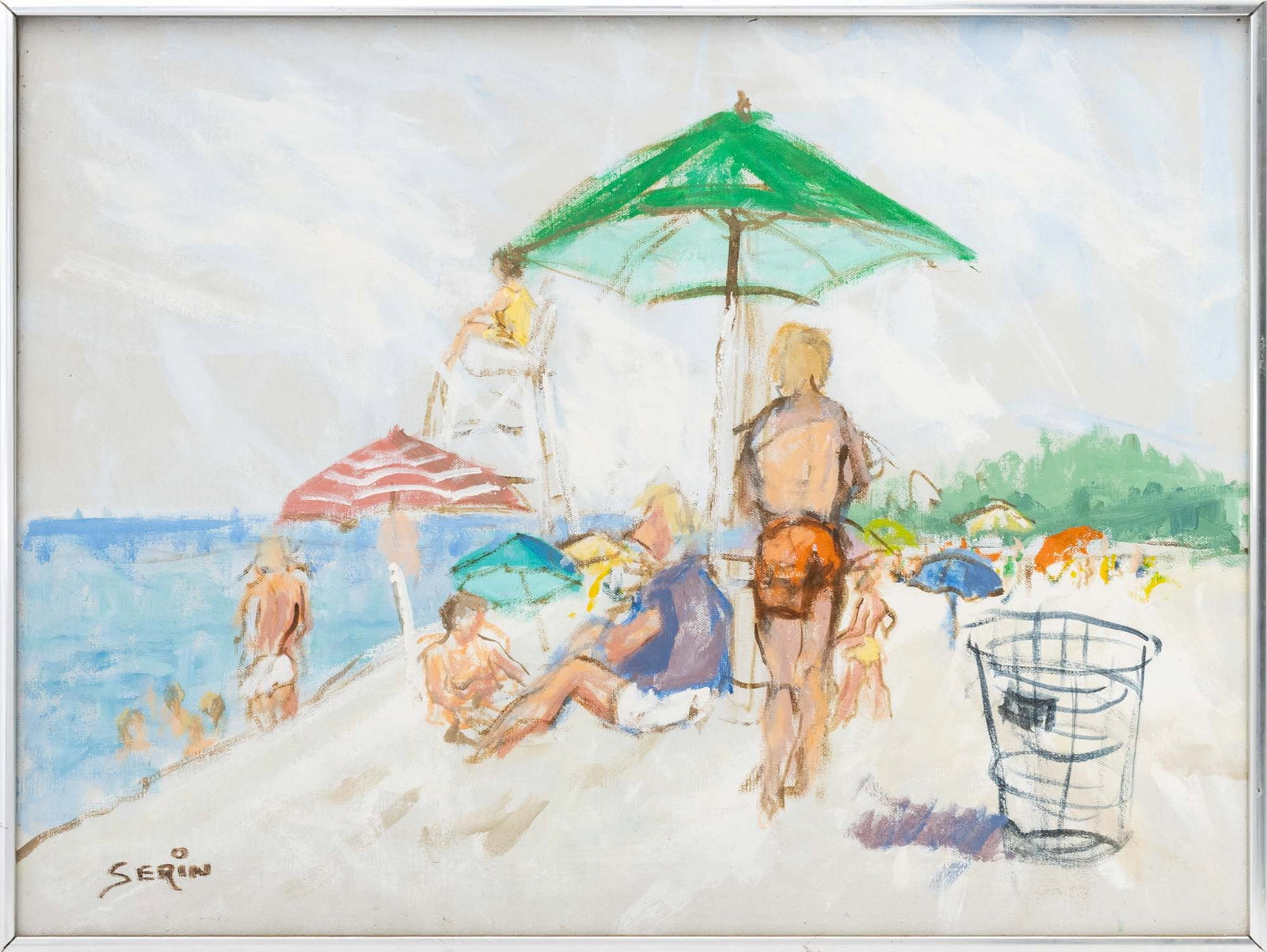 Serin Day at the Beach Oil on Canvas: Serin (XX), Day at the Beach, Oil on Canvas, signed lower left, silver-tone metal frame. Image: 17.75" H x 23.5" W; frame: 18.25" H x 24.25" W x 1.5" D. Provenance: From a New York City Estate.