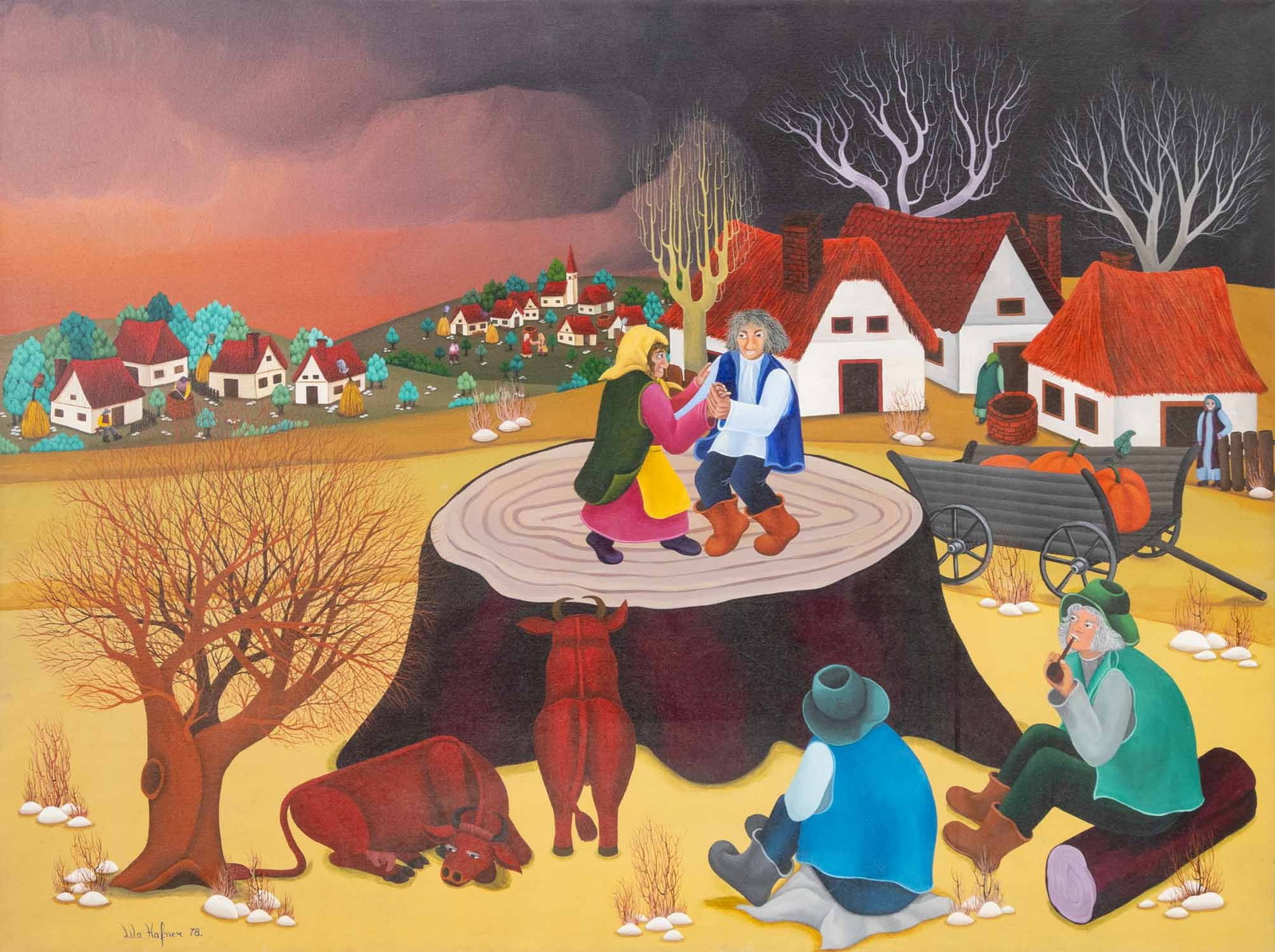 Lila Hafner Ceremony in the Village Oil, 1978: Lila Hafner (American, born Yugoslavia, b. 1953), Ceremony in the Village, Oil on Canvas, 1978, signed and dated lower left, unframed. 36" H x 48" W x 1" D. Provenance: From a New York City Estate.