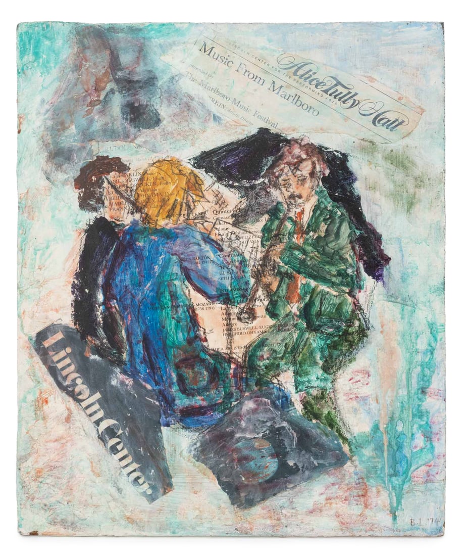 Blanka Landau "Bartak at Tullyhall" Collage, 1974: Blanka Landau (American, XX-1997), "Bartak at Tullyhall", Collage on Masonite, 1974, signed, titled, dated, and inscribed verso, unframed. 14.25" H x 12" W. Provenance: From a Fort Lauderdale,
