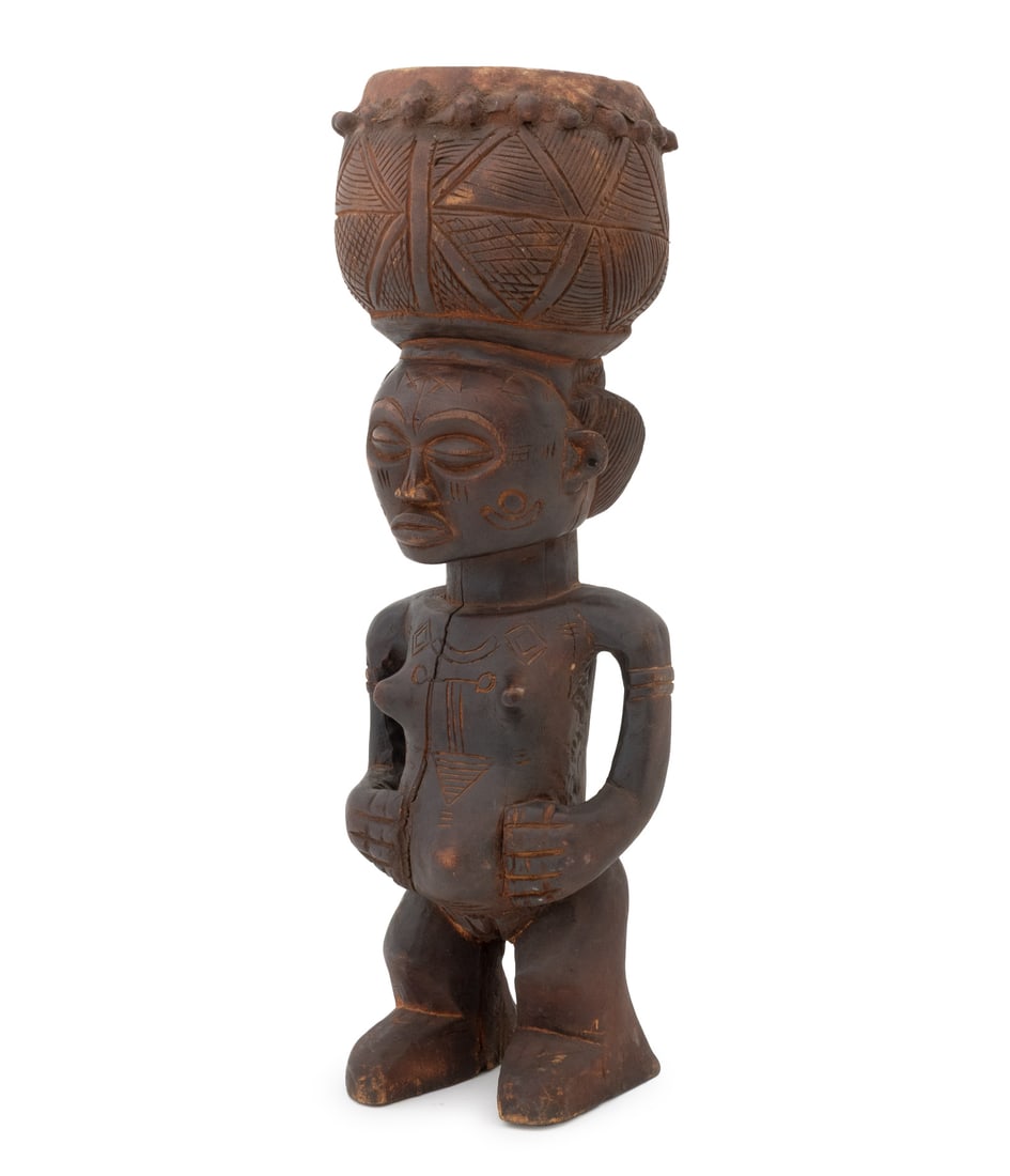 African Hand-Carved Wood Figural Drum: African Hand-Carved Wood Figural Drum, Democratic Republic of the Congo, probably Ndengese of Bakuba, the standing nude female figure with scarification and hands atop swollen belly, surmounted by a