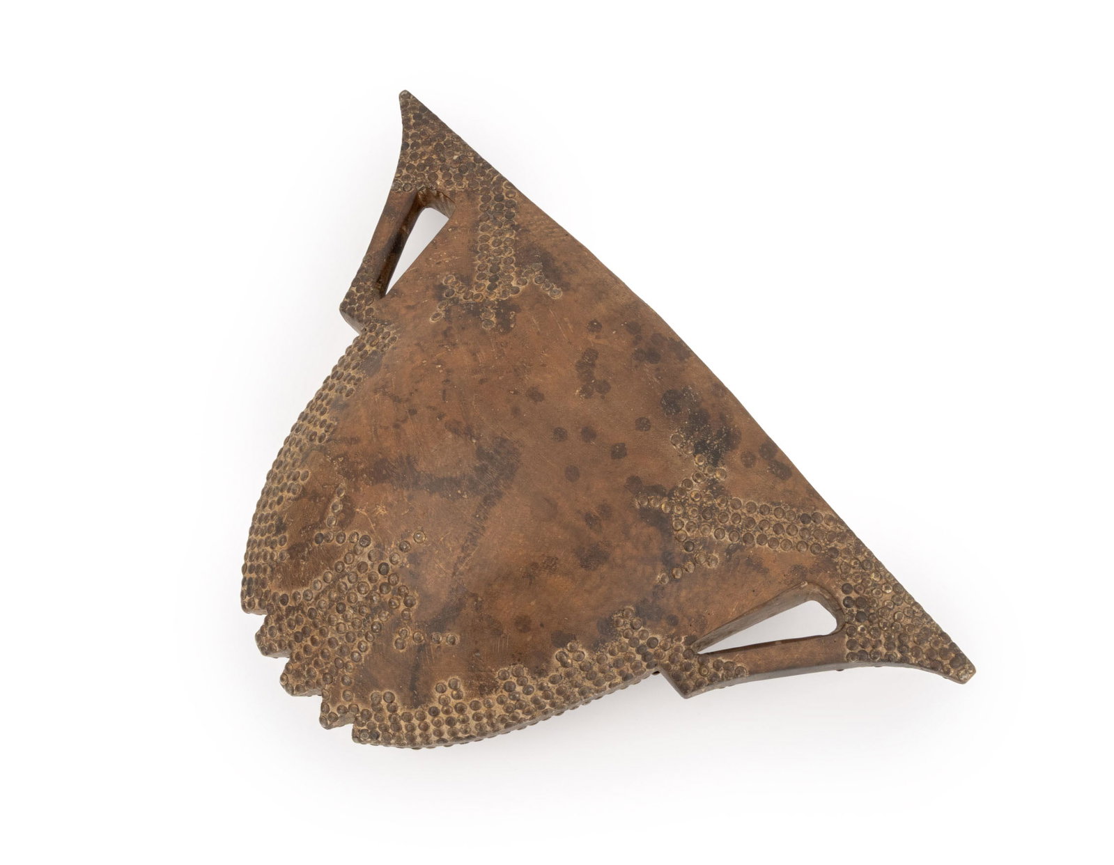 African Congolese Carved Wood Slit Drum: African Congolese Carved Wood Slit Drum, Democratic Republic of Congo, probably Mangbetu, with two carved handles and brass tack accents. 16" H x 26.75" W x 7" D. Provenance: From a Fort Lauderdale,