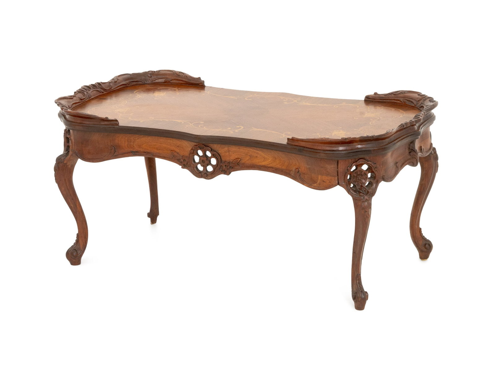 Rococo Style Marquetry Inlaid Walnut Coffee Table: Rococo Style Marquetry Inlaid Walnut Coffee Table, the top inlaid with scrolling floral motifs and above carved wood cabriole legs. 17.25" H x 38.25" W x 20" D. Provenance: From a West End Avenue