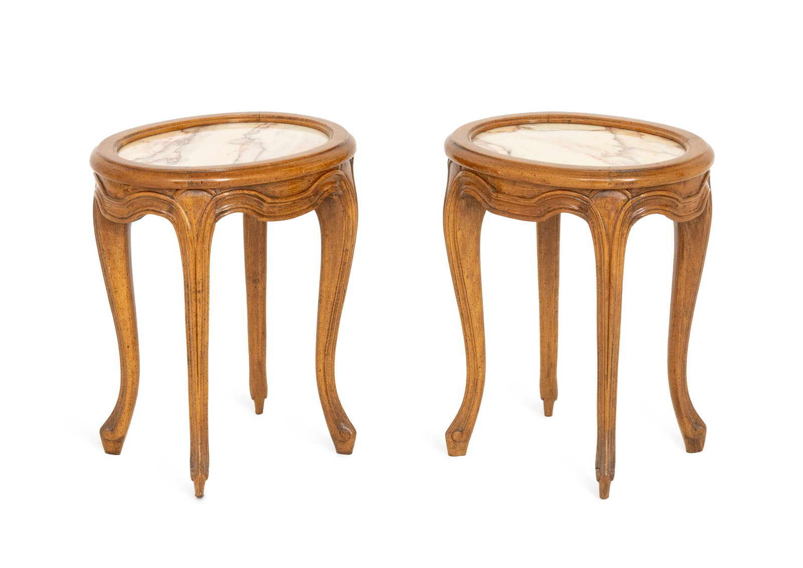 French Provincial Style Alabaster Top Tables, Pair: Pair of French Provincial Style Pink Alabaster Top Low Tables, each with oval top above cabriole legs. 17.5" H x 14.75" W x 11.75" D. Provenance: From a West End Avenue Collection. Keywords: Vintage