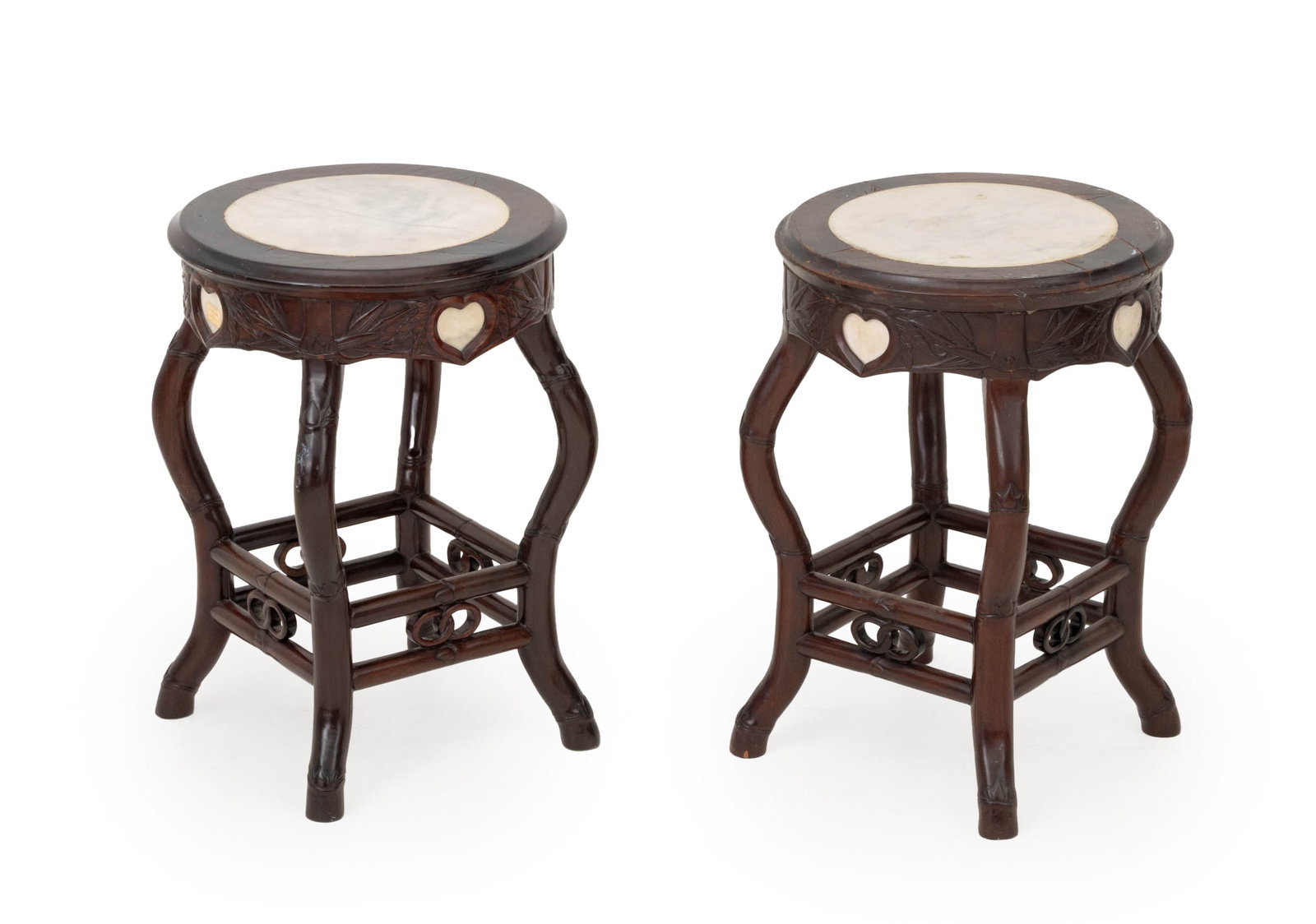 Victorian Chinoiserie Style Mahogany Pedestals, 2: Pair of Victorian Chinoiserie Style Mahogany Pedestal Tables, with white alabaster inset circular top above bamboo motif legs. 18.5" H x 13" Diameter. Provenance: From a New York City Estate.