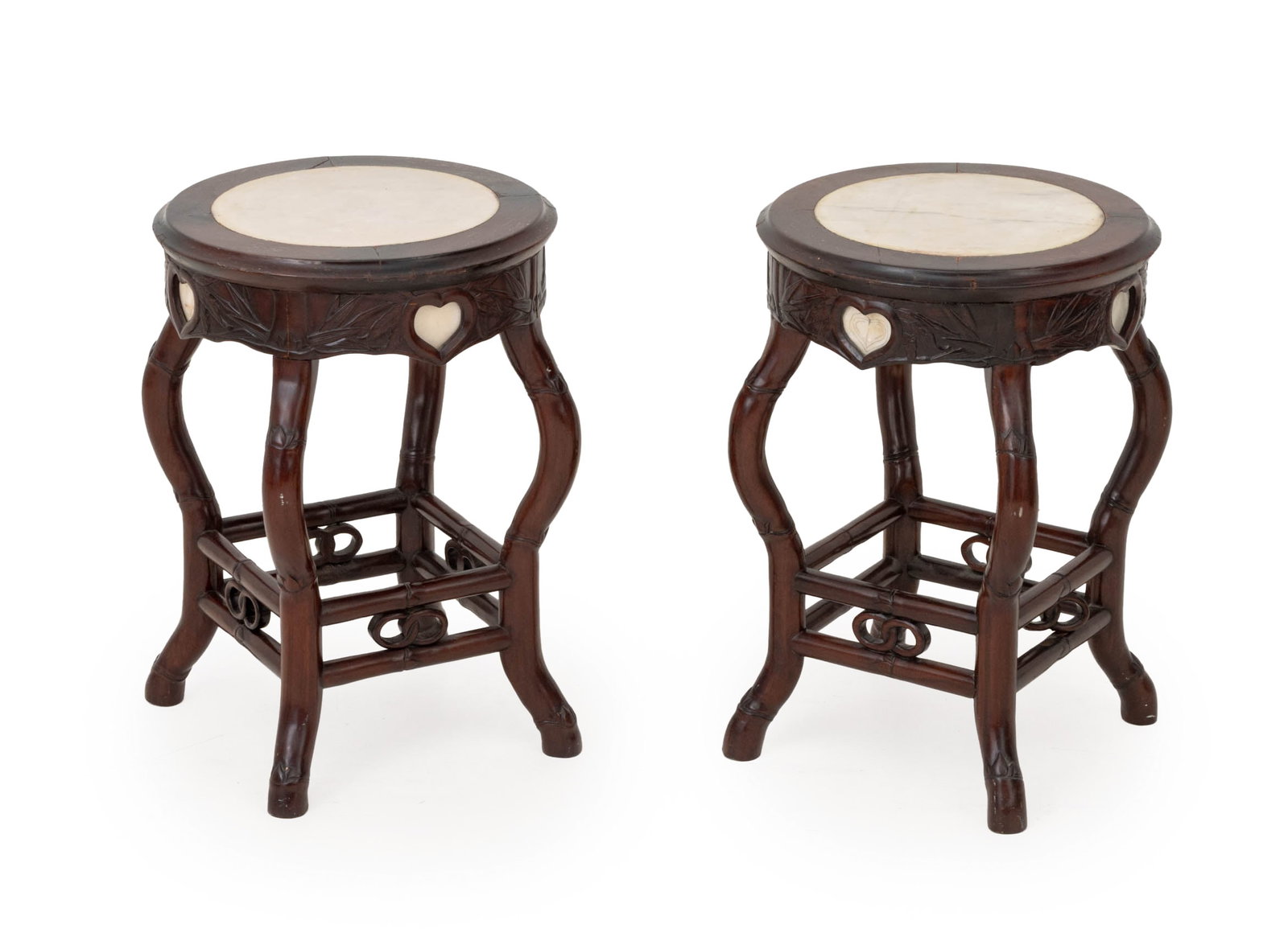 Victorian Chinoiserie Style Mahogany Pedestals, 2: Pair of Victorian Chinoiserie Style Mahogany Pedestal Tables, with white alabaster inset circular top above bamboo motif legs. 18.5" H x 13" Diameter. Provenance: From a New York City Estate.
