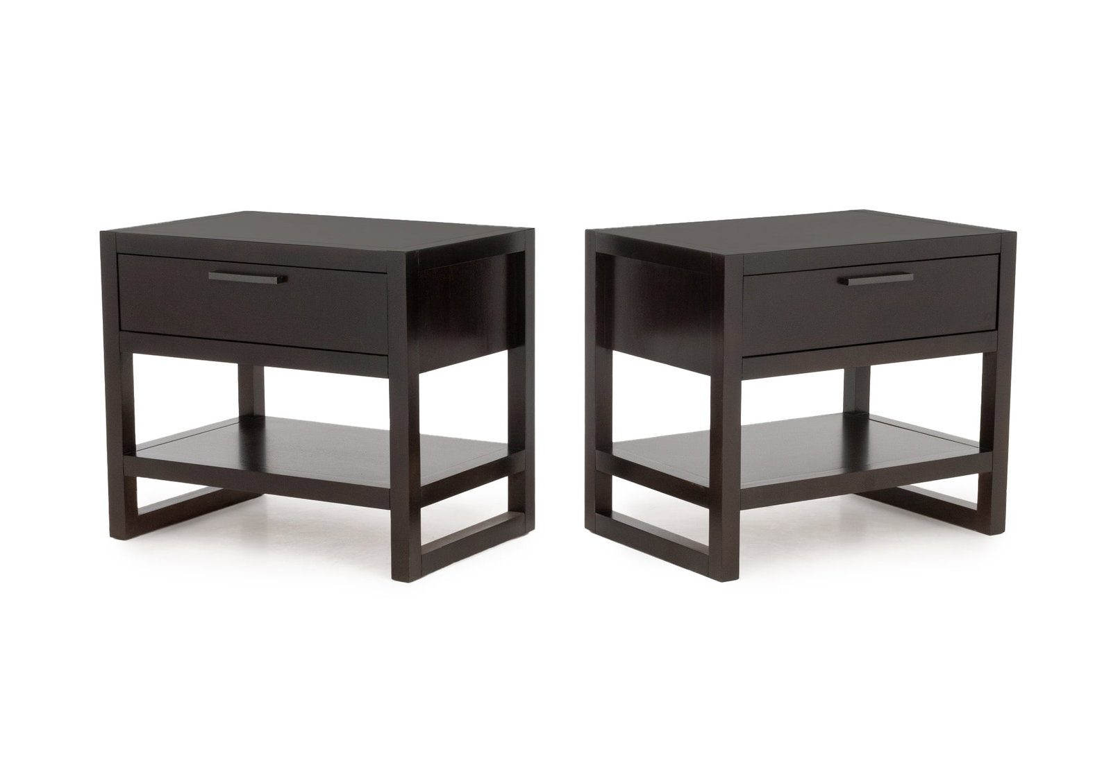 Casana "Tahoe" Ebonized Nightstands, Pair: Pair of Casana "Tahoe" Ebonized Nightstands, each with single drawer above undertier, "Casana" label to reverse. 23.5" H x 27" W x 18.25" D. Provenance: From a New York City Estate. Keywords: