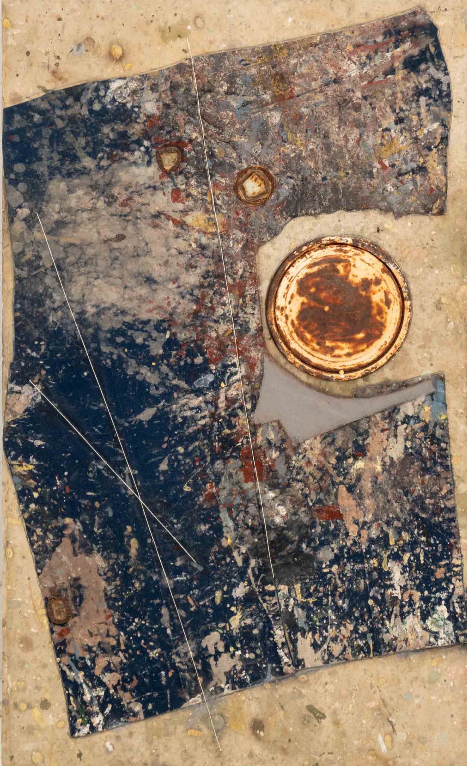 Joy Floyd "What is the Circumference?", 2004: Joy Floyd (American, 1932-2021), "What is the Circumference?", Collage on Board, 2004, signed, titled, and dated verso, unframed. 33" H x 20" W x 1.75" D. Provenance: From a Roxbury, Connecticut