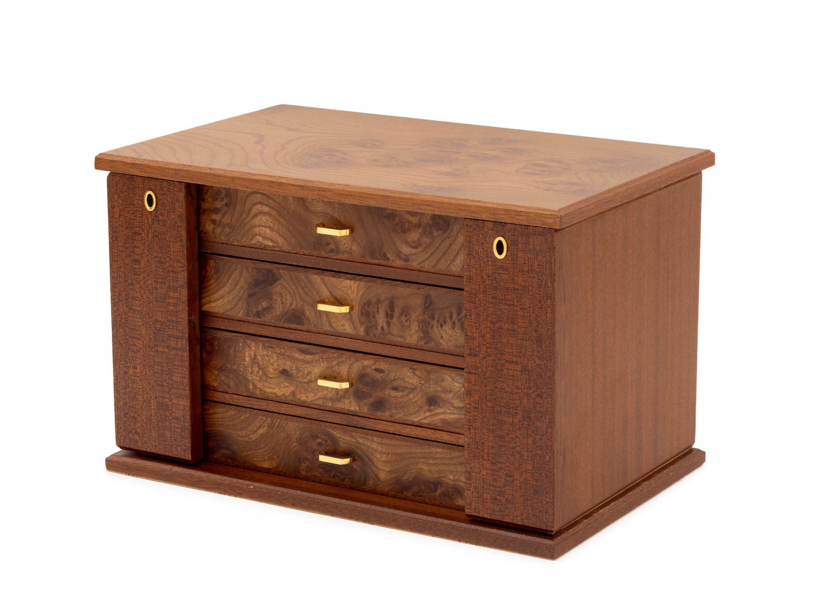 Agresti Burl Walnut Jewelry Box: Agresti Burl Walnut Jewelry Box, with four central drawers with tan suede lining and two necklace compartments to each side with brass hardware, marked to underside. 10" H x 16" W x 10.25" D.