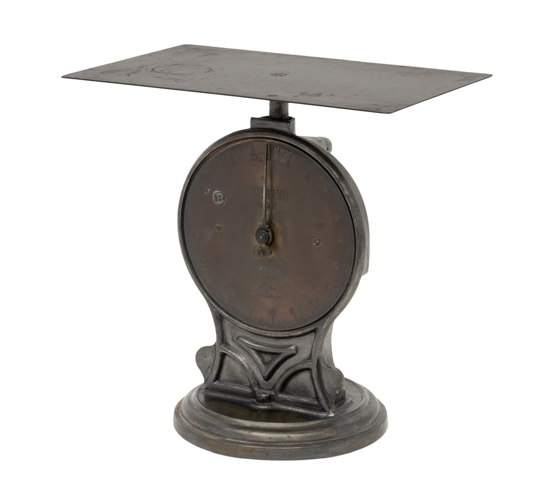 English Arts & Crafts Cast Iron Scale, ca. 1900: English Arts and Crafts Cast Iron Scale, circa 1900, marked "Salter / No. 50T / To Weigh / 20LB by 1OZ / Salter / Made in England" to the brass dial. 14.25" H x 14" W x 9" D. Provenance: From a New