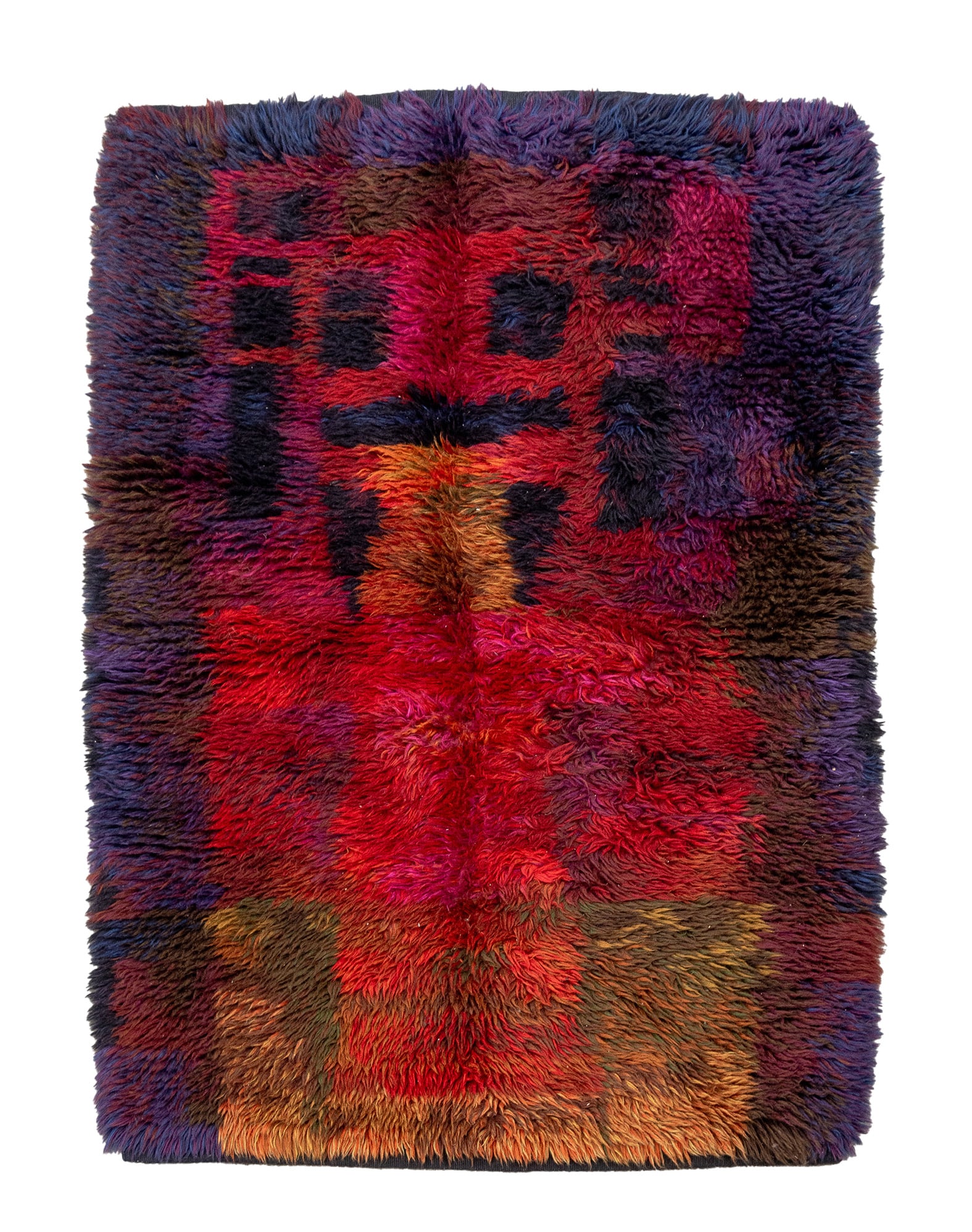 Ritva Puotila Rya Rug, 4' 6" x 3' 4": Ritva Puotila (Finnish, b. 1935) for The Friends of Finnish Handicraft Rya Wool Rug, geometric design in vibrant jewel tones, "Metsassa Mattaalla / Ritva Puotila / Suomen Kasityon Ystavat / Helsinki F