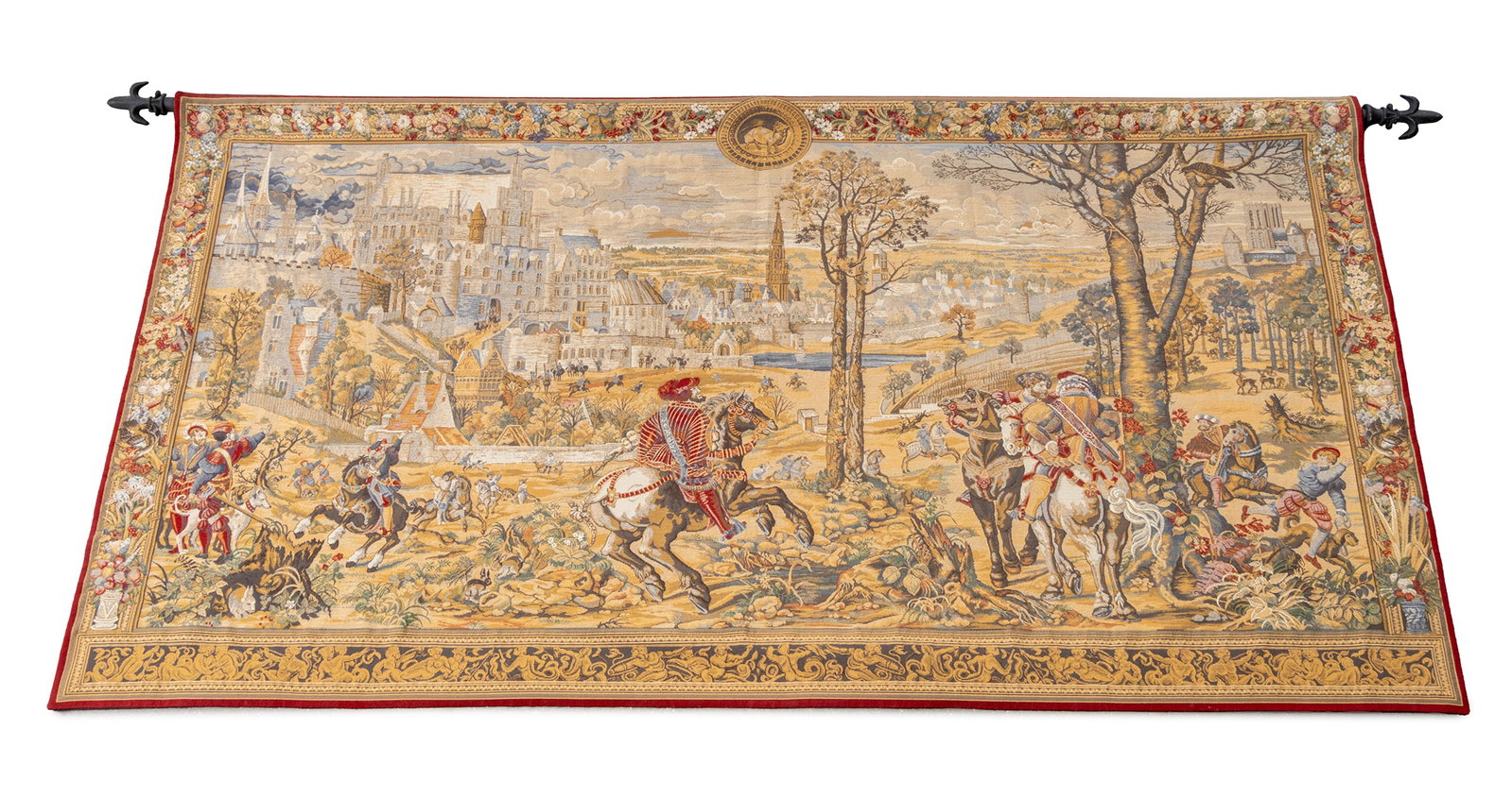 Brussels Medieval Reproduction Tapestry: Brussels Medieval Reproduction Tapestry, Point de Rose label to reverse, mounted on a fleur-de-lys motif pole. Overall: 53" H x 112" L x 2.5" D. Provenance: From a Park Avenue Collection. Keywords: