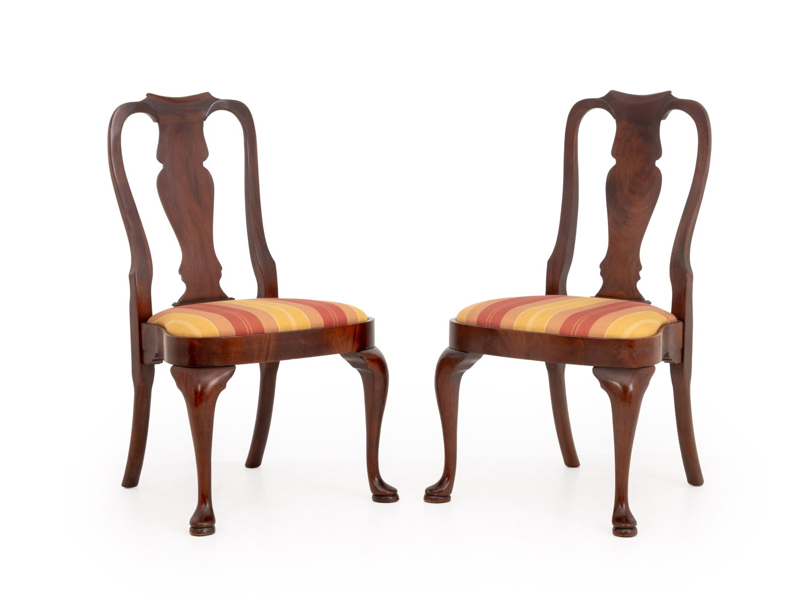 Queen Anne Style Flame Mahogany Side Chairs, Pair: Pair of Queen Anne Style Flame Mahogany Side Chairs, each with vasiform splat and striped fabric upholstered seat. 39" H x 22" W x 20" D; seat: 19" H. Provenance: An East 75th Street Collection.