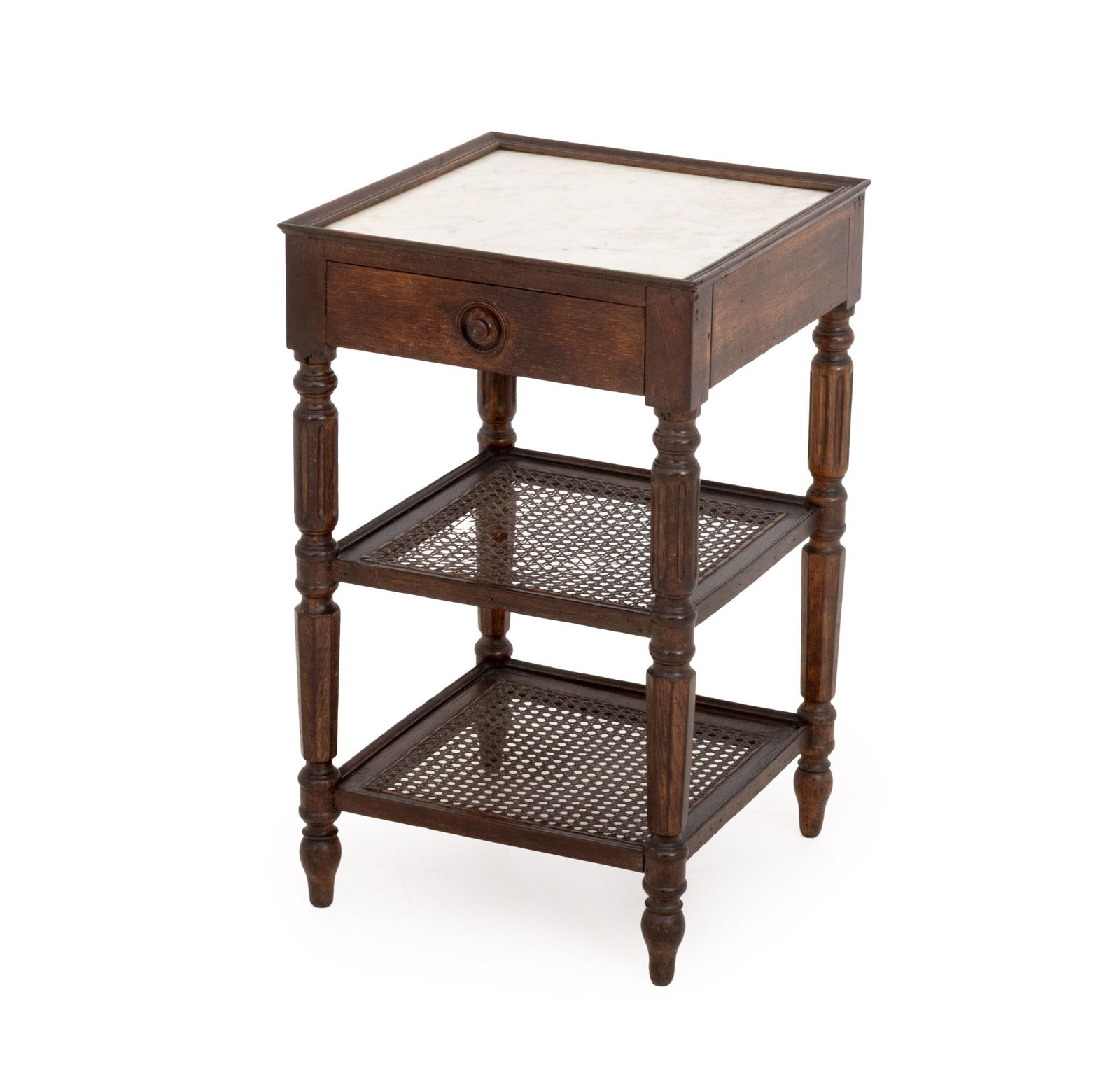 Louis Philippe Cane-Paneled Oak Etagere, 19th C.: Louis Philippe Cane-Paneled Oak Etagere, 19th century, with two tiers below a single drawer surmounted by a white alabaster top. 27.25" H x 16.5 W x 16.5" D. Provenance: An Upper East Side Townhouse. 