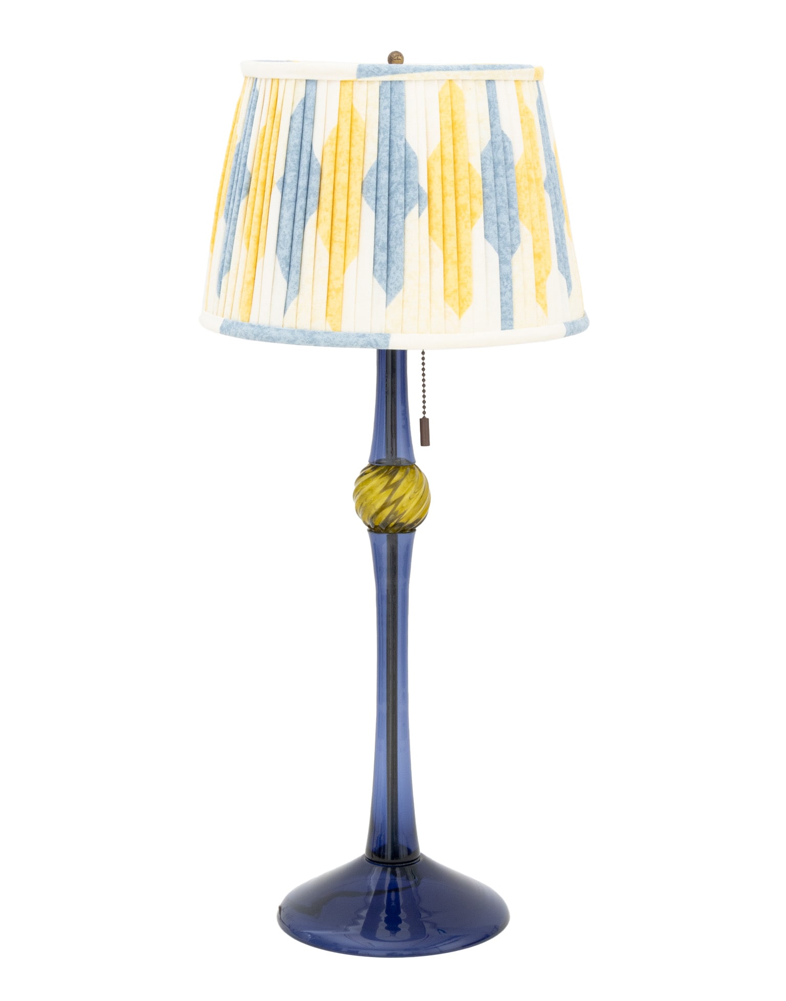 John Hutton x Donghia Murano Glass Lamp: John Hutton for Donghia Murano Glass Table Lamp, blue column with yellow globe detail, blue and yellow Ikat lampshade. 27.5" H x 12.5" Diameter. Provenance: From a Fort Lauderdale, Florida Estate. Key