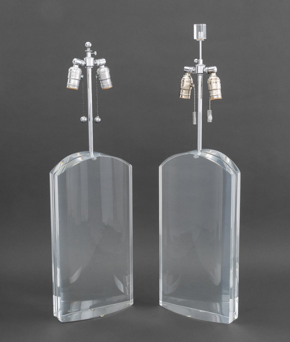 Modern Clear Acrylic and Chrome Table Lamps, Pair: Pair of Modern Clear Acrylic and Chrome Table Lamps, one with cube form finial. Taller: 31.5" H x 9" W x 4" D. Provenance: From a 500 Park Avenue Estate. Keywords: Vintage lamps, Lighting, Minimalism,