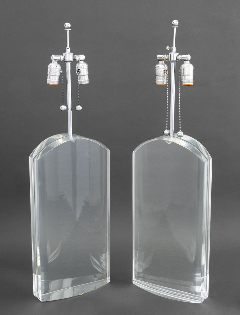 Modern Clear Acrylic and Chrome Table Lamps, Pair: Pair of Modern Clear Acrylic and Chrome Table Lamps, the rectangular form with domed top, with ball form finials. Taller: 31.5" H x 9" W x 4" D. Provenance: From a 500 Park Avenue Estate. Keywords: Vi