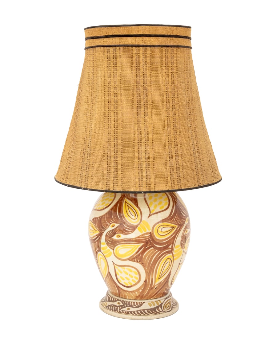 Modern Bird Motif Glazed Ceramic Table Lamp: Modern Bird Motif Polychrome Glazed Ceramic Table Lamp, stylized bird design, two light sockets with milk glass shade, with raffia lampshade. Vase: 28.25" H x 11" Diameter; with shade: 30.5" H x 18" D