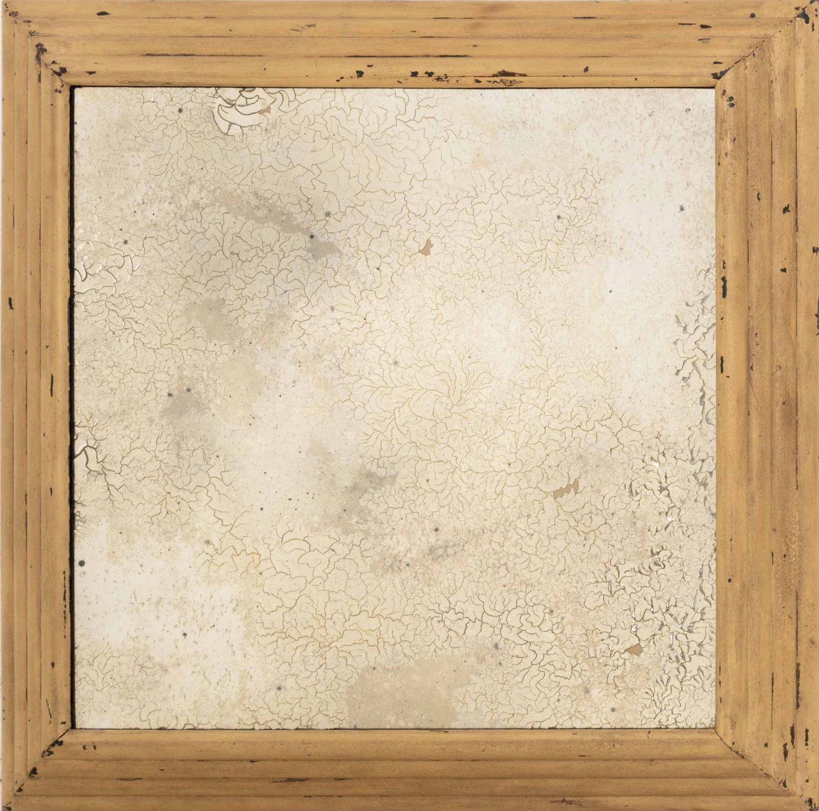Distressed Beige Painted and Molded Framed Mirror: Distressed Beige Painted and Molded Framed Mirror. Mirror plate: 34.5" H x 34.5" W; frame: 44.5" H x 44.5" W x 3.75" D. Provenance: From a Roxbury, Connecticut Collection. Keywords: Looking glass, Van