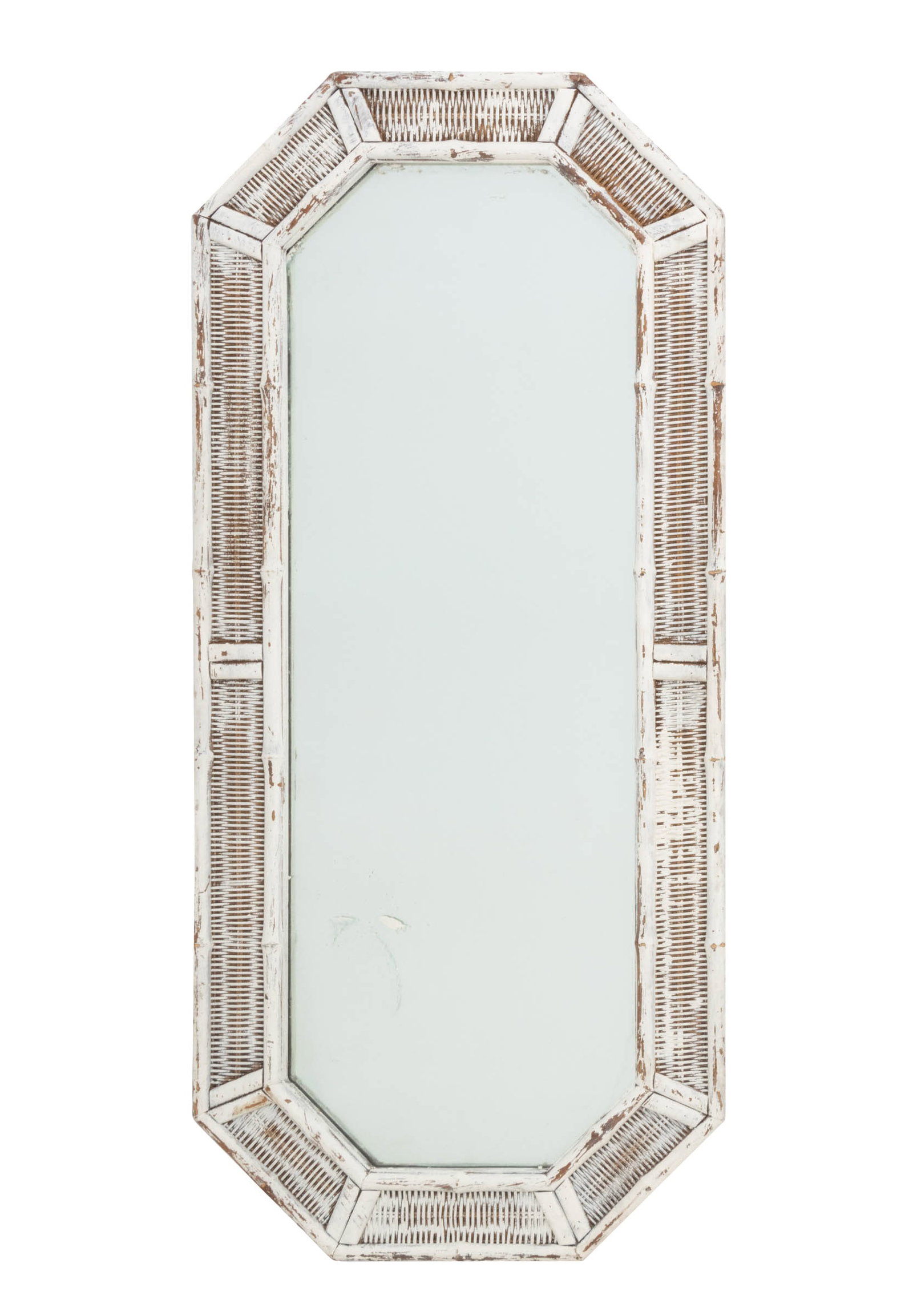 Modern White Painted Wicker and Bamboo Mirror: Modern White Painted Wicker and Bamboo Framed Octagonal Full-Length Mirror. Mirror Plate: 43.25" H x 15.25" W; frame: 51.5" H x 23" W x 1.5" D. Provenance: From a New York City Estate. Keywords: Vinta