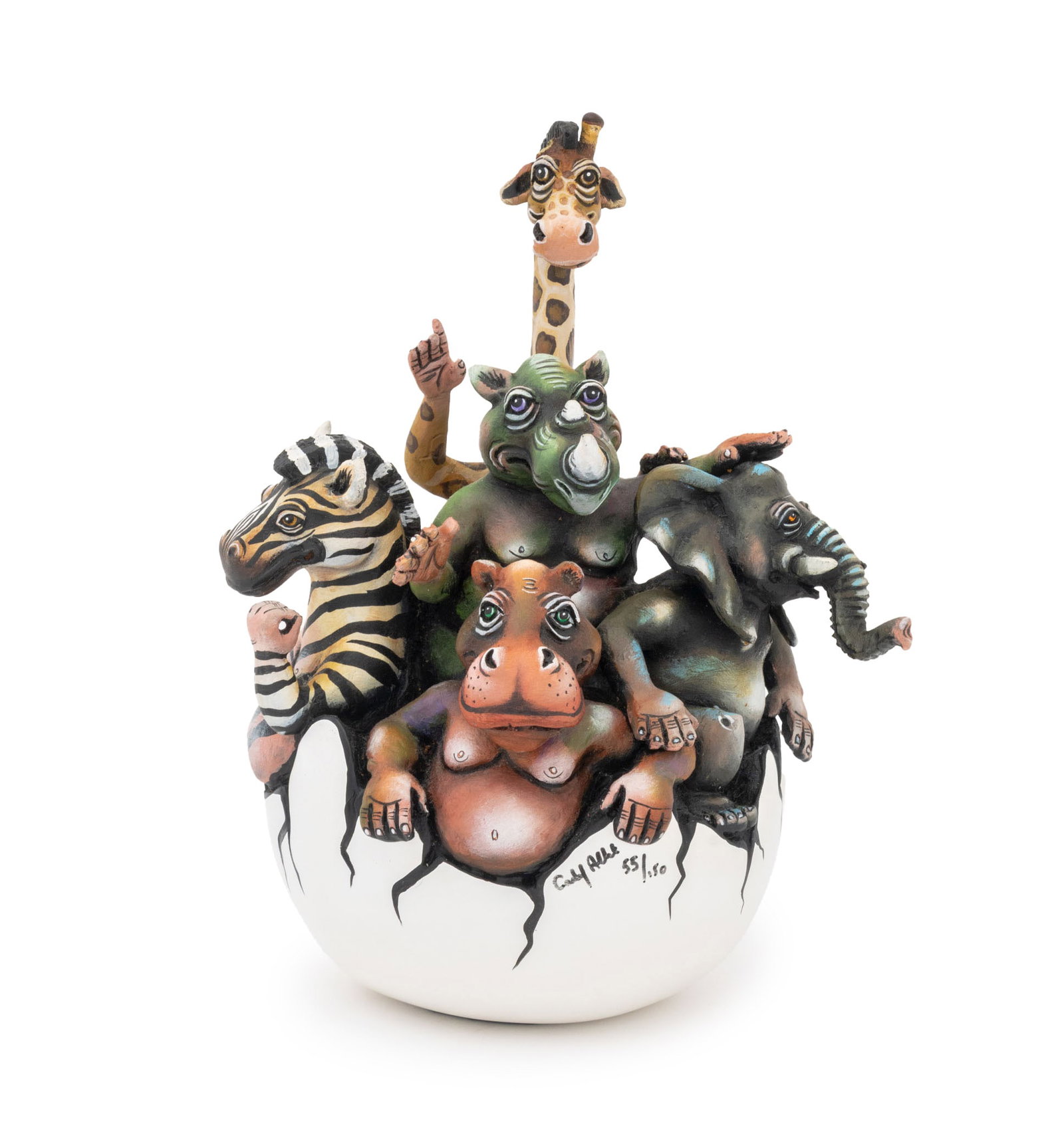 Carlos and Albert "Africa Egg" Ceramic Sculpture: Carlos and Albert "Africa Egg" Polychromed Ceramic Sculpture, depicting a giraffe, zebra, rhino, elephant and hippo, signed and numbered edition "55/100". 9" H x 6.5" W x 6" D. Provenance: From a Fort