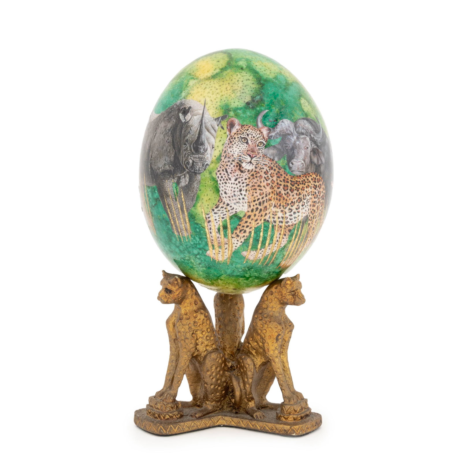 Safari Animal Motif Decoupage Ostrich Egg: Safari Animal Motif Decoupaged Ostrich Egg, featuring rhino, leopard, elephant, lion, and water buffalo, mounted on gilt resin leopard form tripod base. Overall: 10" H x 5.25" Diameter. Provenance: Fr